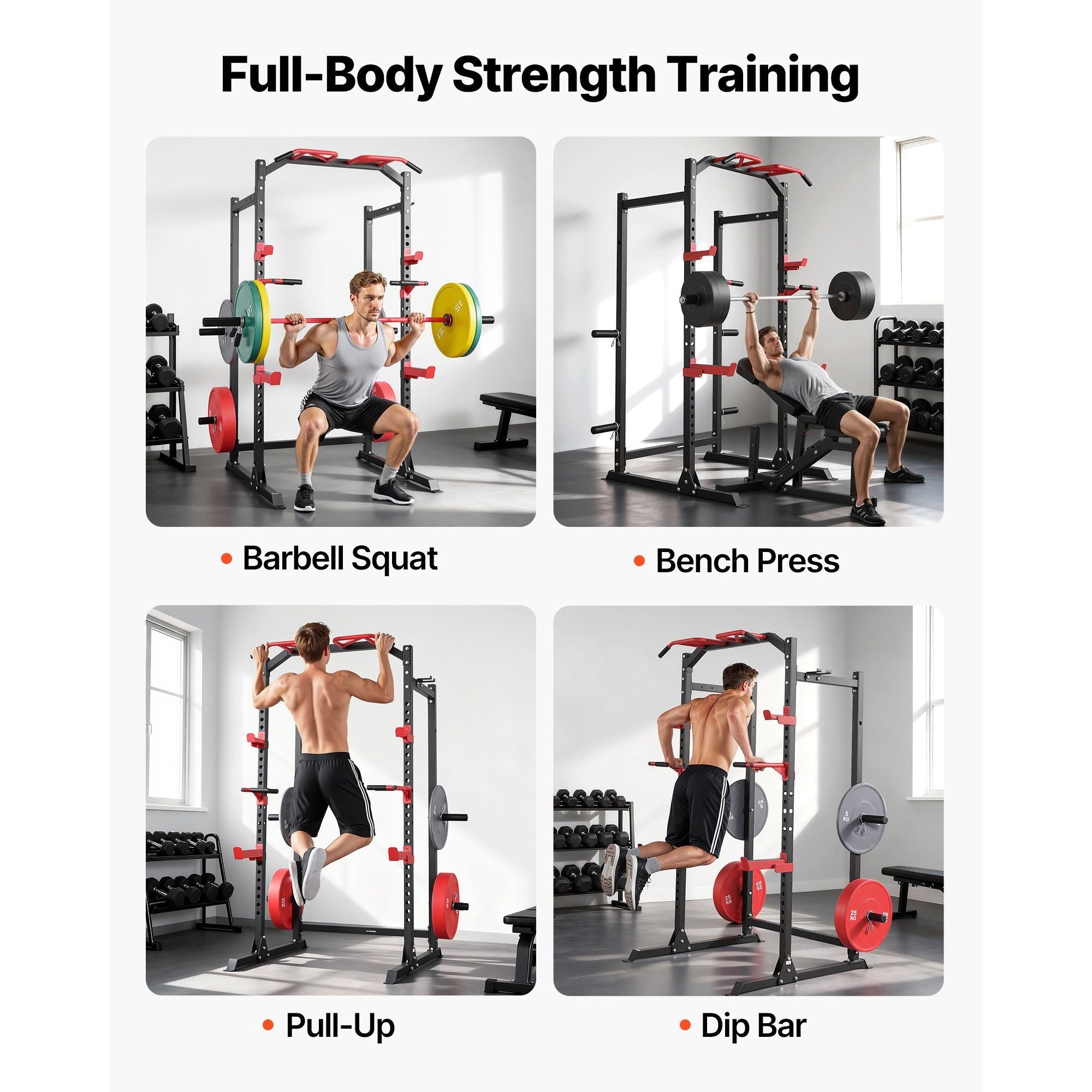 Power Cage Power Rack, Multifunctional Barbell Squat Rack with Adjustable Height, Home Gym Strength Training Workout Equipment with J-Hooks & More Fitness Attachment for Bench Press Pull-Up Dips