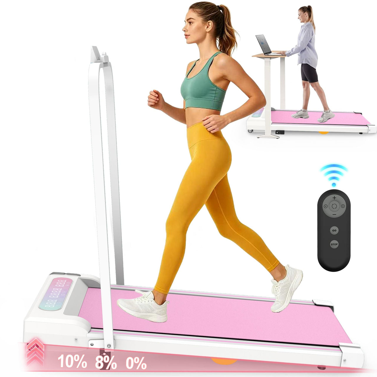 Under Desk Treadmill with Incline, Walking Pad, 2 in 1 Portable Treadmill with Handle Remote Control LED Display, Walking Jogging Machine for Home Office Use Pink