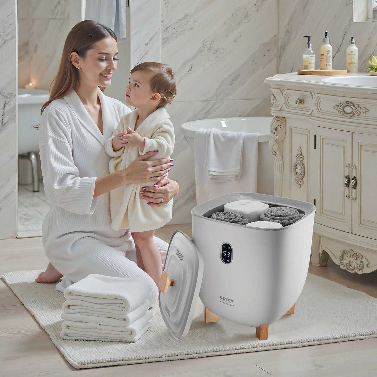 VEVOR Towel Warmer Bucket, 25L Heated Towel Warmer with LED Display, Large Blanket Warmers for Bathroom, 20/40/60/90 Mins Timer and Temperature Setting, for SPA, Home, Countertop, Floor, Gray