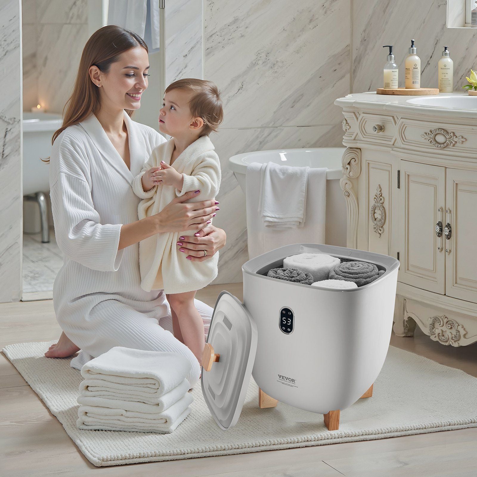 VEVOR Towel Warmer Bucket, 25L Heated Towel Warmer with LED Display, Large Blanket Warmers for Bathroom, 20/40/60/90 Mins Timer and Temperature Setting, for SPA, Home, Countertop, Floor, Gray