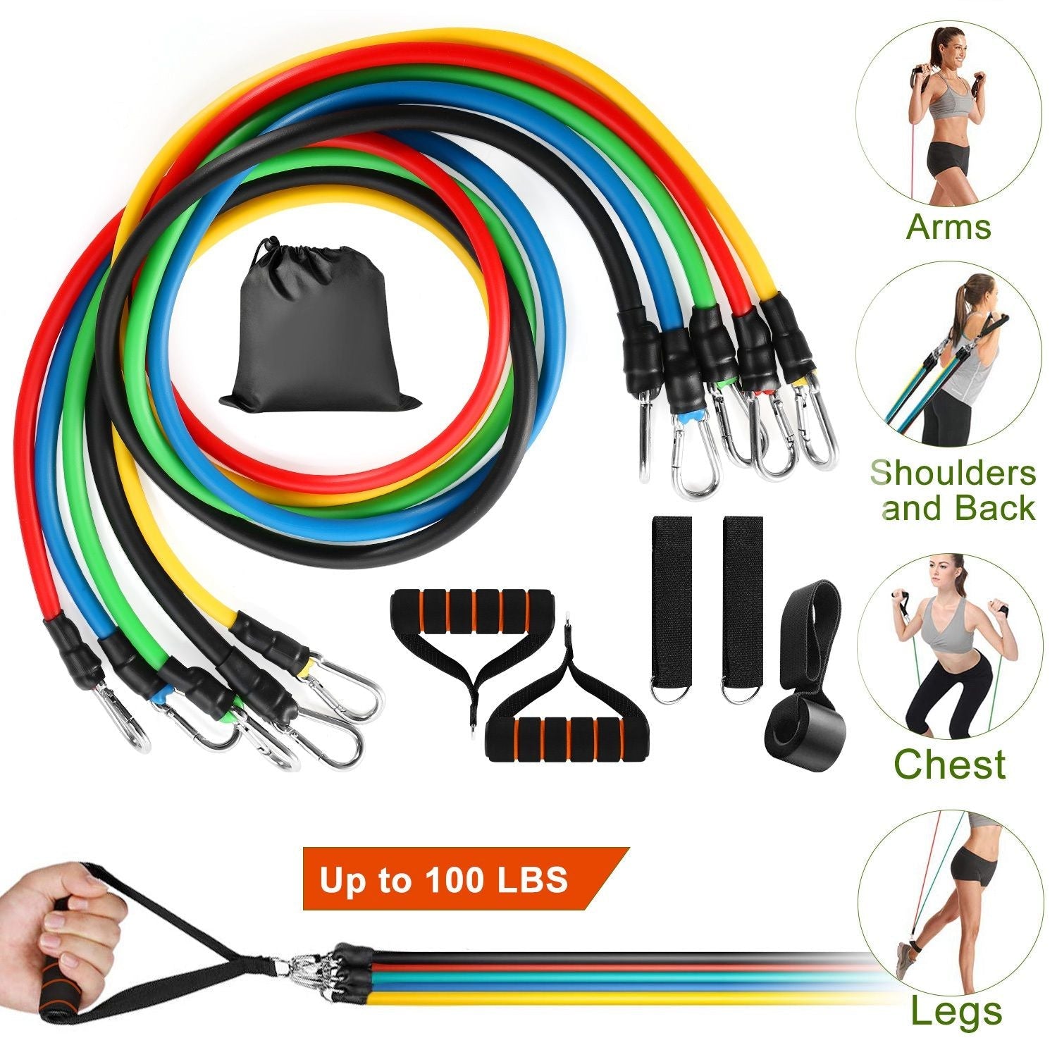 11Pcs Resistance Bands Set Fitness Workout Tubes Exercise Tube Bands Up to 100lbs w/ Door Anchor Handles Ankle Straps for Physical Training Yoga Pilates