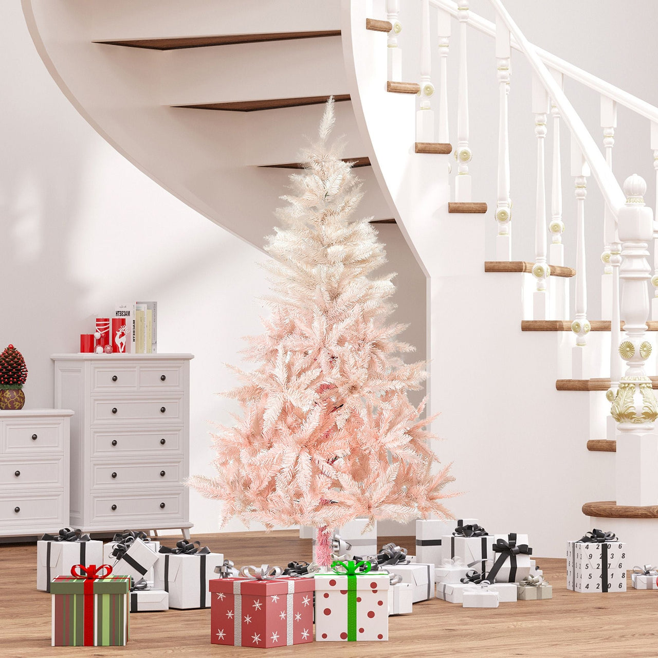 HOMCOM 5ft Pencil Christmas Tree, Pink Christmas Tree with 450 Branches & Detachable Base, Home Party Christmas Decoration, Pink