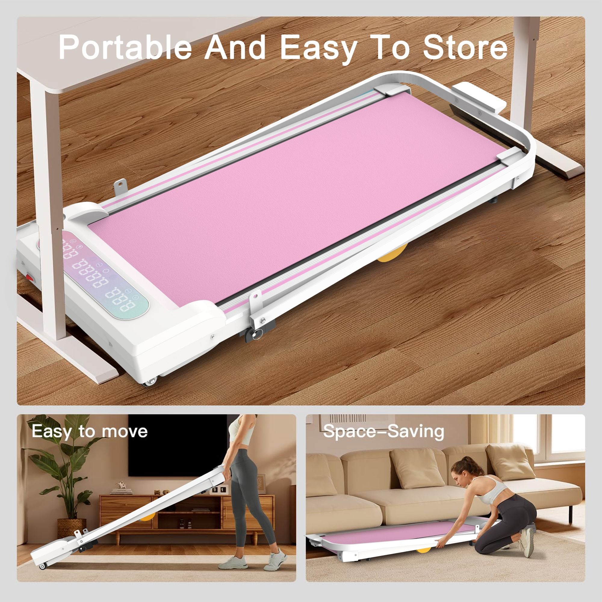 Under Desk Treadmill with Incline, Walking Pad, 2 in 1 Portable Treadmill with Handle Remote Control LED Display, Walking Jogging Machine for Home Office Use Pink