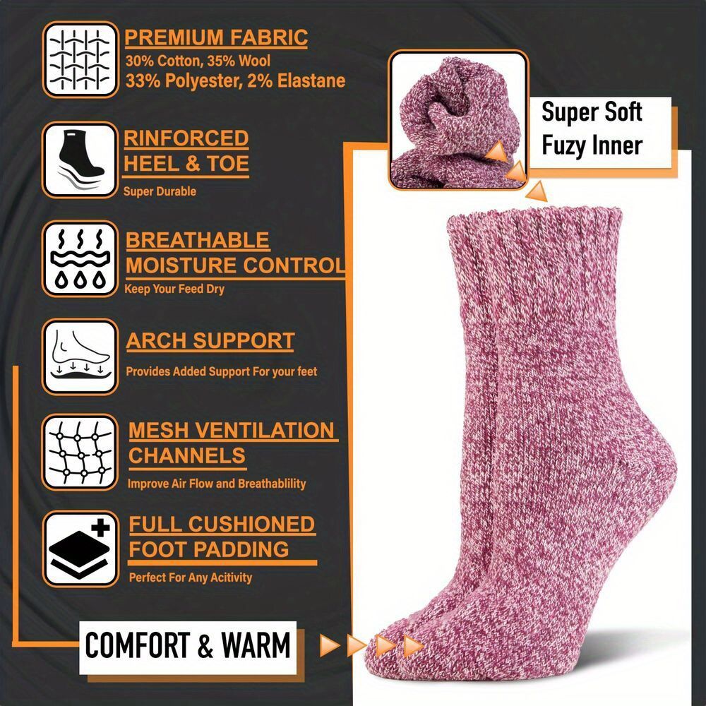 6 Pairs Women's Wool Thermal Boot Socks (EU 9-11) - Heavy-Duty Winter Warmth, BS4745 2.4 Tog Rating, Multi-Color (Pink/ Grey/ Blue/ Green/ Black)