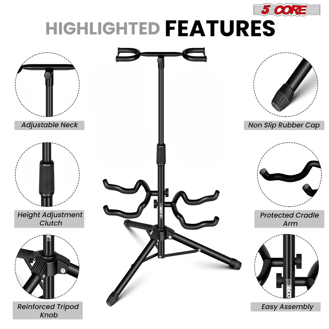 Guitar Stand Adjustable Double Guitars Stands Floor w Neck Holder Universal Supports for Acoustic Electric Classic Bass Instrument Folding Portable Black - GSH 2N1