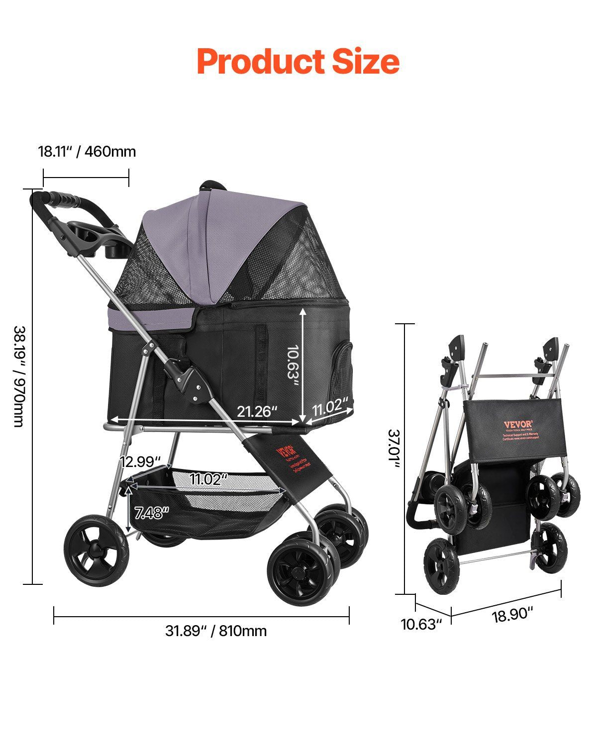 Pet Stroller -  35 lbs Weight Capacity, Foldable Dog Stroller Cart, 4 Wheels Cats Pram with Detachable Carrier & Mesh Windows, Portable Animal Carrier with Brake for Small to Medium Pets