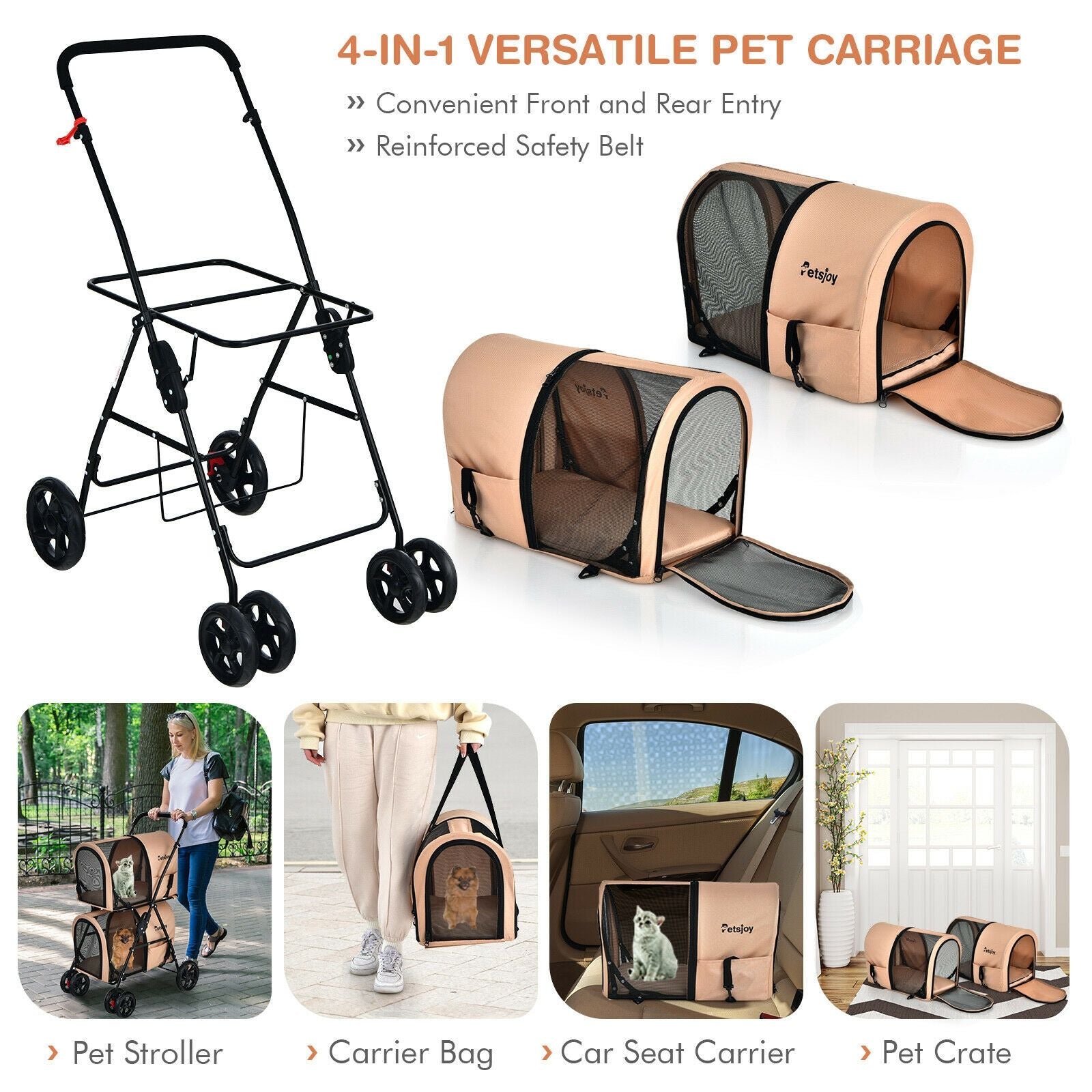4-in-1 Double Pet Stroller with Detachable Carrier and Travel Carriage