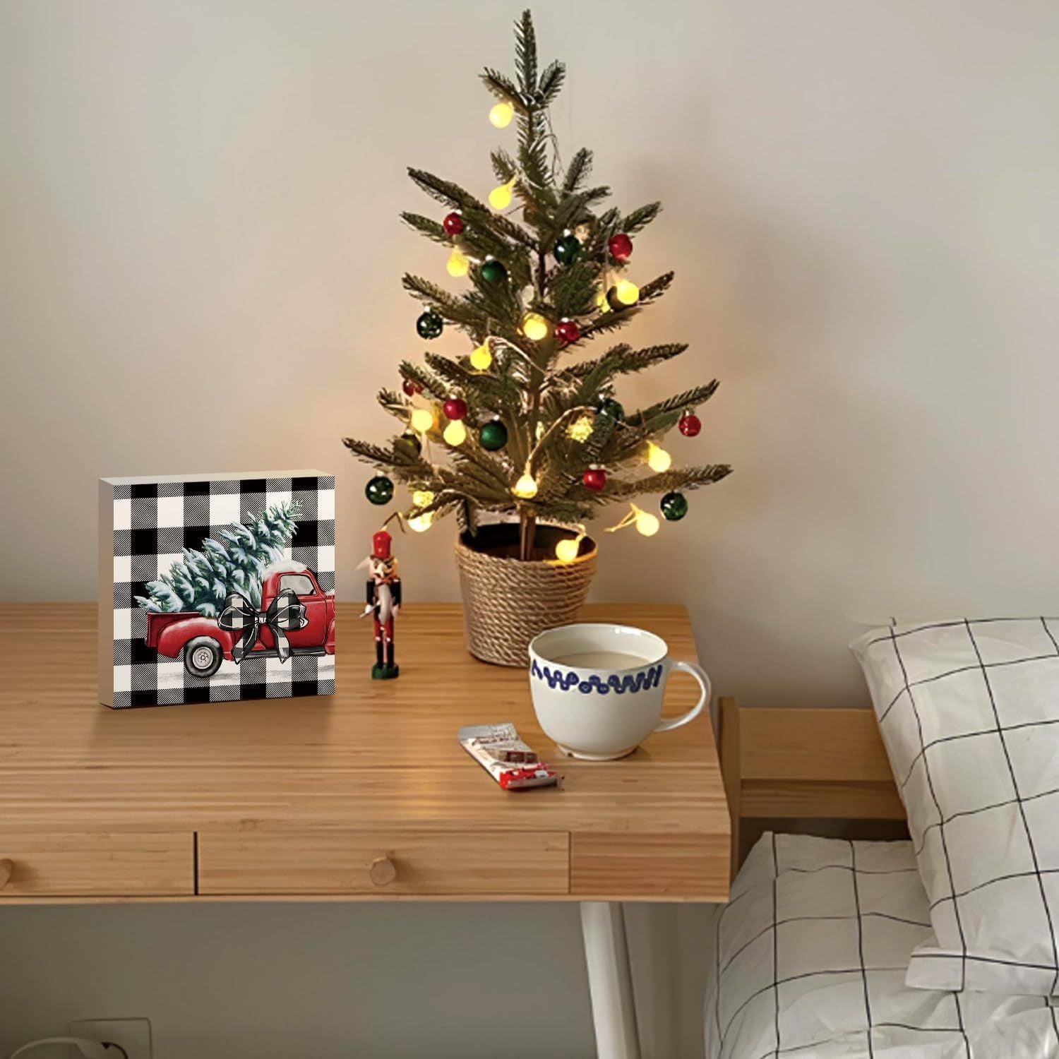 Christmas Decor Red Truck Christmas Wooden Box Signs Buffalo Plaid Christmas Decorations Christmas Decor for Home Office Bedroom Fireplace Car Tiered Tray Decor Christmas Gifts for Women 5x5