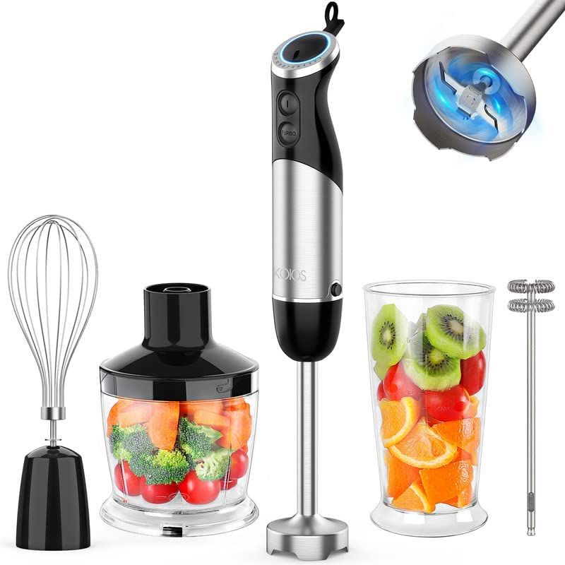 KOIOS Immersion Blender Handheld, 1000W 12-Speed 5 in 1 Hand Mixer Stick Blender with 304 Stainless Steel Blade, Food Processor, Beaker, Egg Whisk and Milk Frother,B PA-F ree, for Smoothies Baby Food