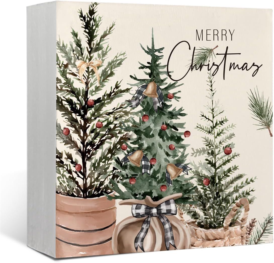Christmas Decor Red Truck Christmas Wooden Box Signs Buffalo Plaid Christmas Decorations Christmas Decor for Home Office Bedroom Fireplace Car Tiered Tray Decor Christmas Gifts for Women 5x5