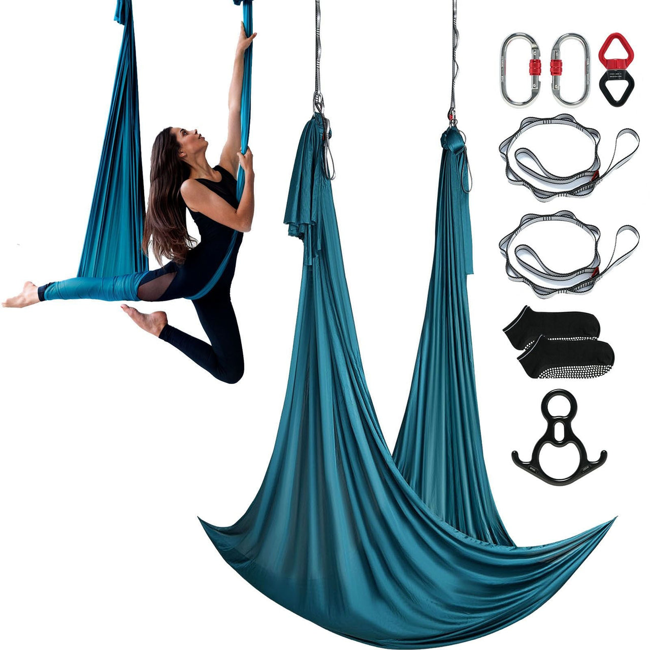 Aerial Silk & Yoga Swing, 11 Yards, Aerial Yoga Hammock Kit with 100gsm Nylon Fabric, Full Rigging Hardware & Easy Set-up Guide, Antigravity Flying for All Levels Fitness Bodybuilding, Green