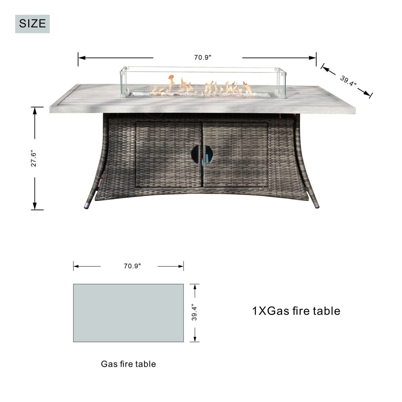 Direct Wicker Patio Fire Pit Dining Set 6-Seat Rectangular Aluminum Table with Rattan Chairs