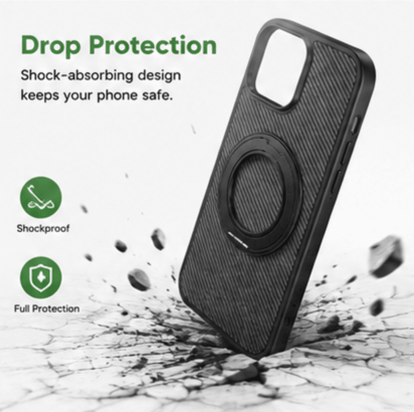 Magnetic Carbon Fiber Phone Case for iPhone 13 14 15 16 17 Series, Built-in Rotatable Kickstand Shockproof Protective Cover Compatible with MagSafe Wireless Charging