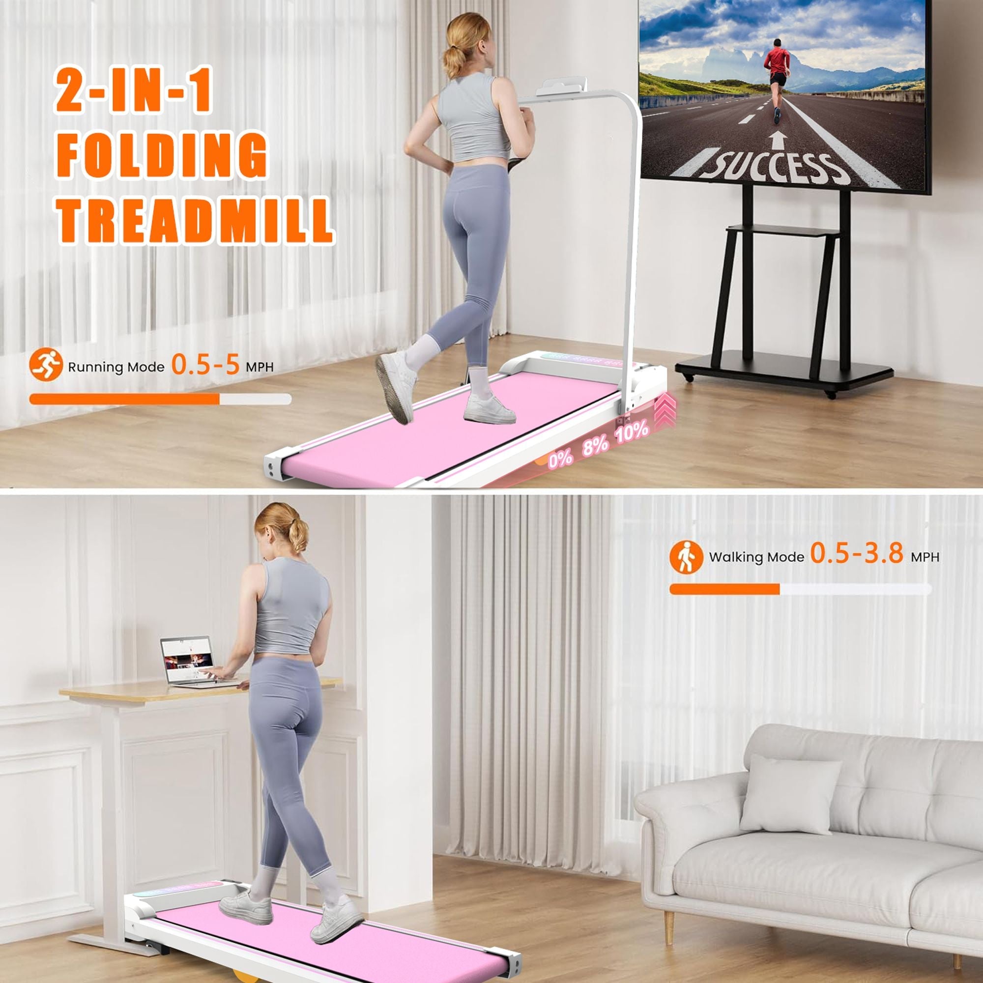 Under Desk Treadmill with Incline, Walking Pad, 2 in 1 Portable Treadmill with Handle Remote Control LED Display, Walking Jogging Machine for Home Office Use Pink