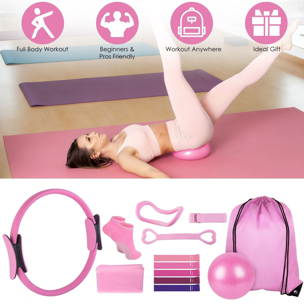 14Pcs Pilates Ring Essentials Kit For Women with Yoga Ball Arm Stretcher 5 Resistant Bands Figure 8 Resistant Band Elastic Band Non-slip Socks Yoga Strap