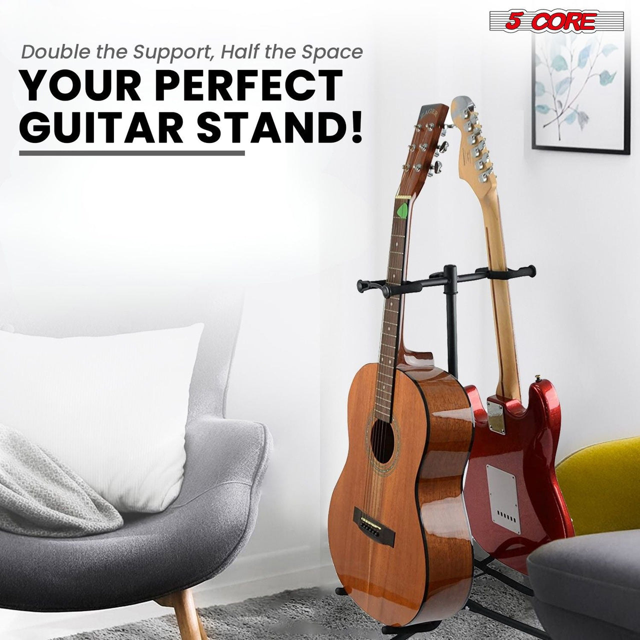 Guitar Stand Adjustable Double Guitars Stands Floor w Neck Holder Universal Supports for Acoustic Electric Classic Bass Instrument Folding Portable Black - GSH 2N1