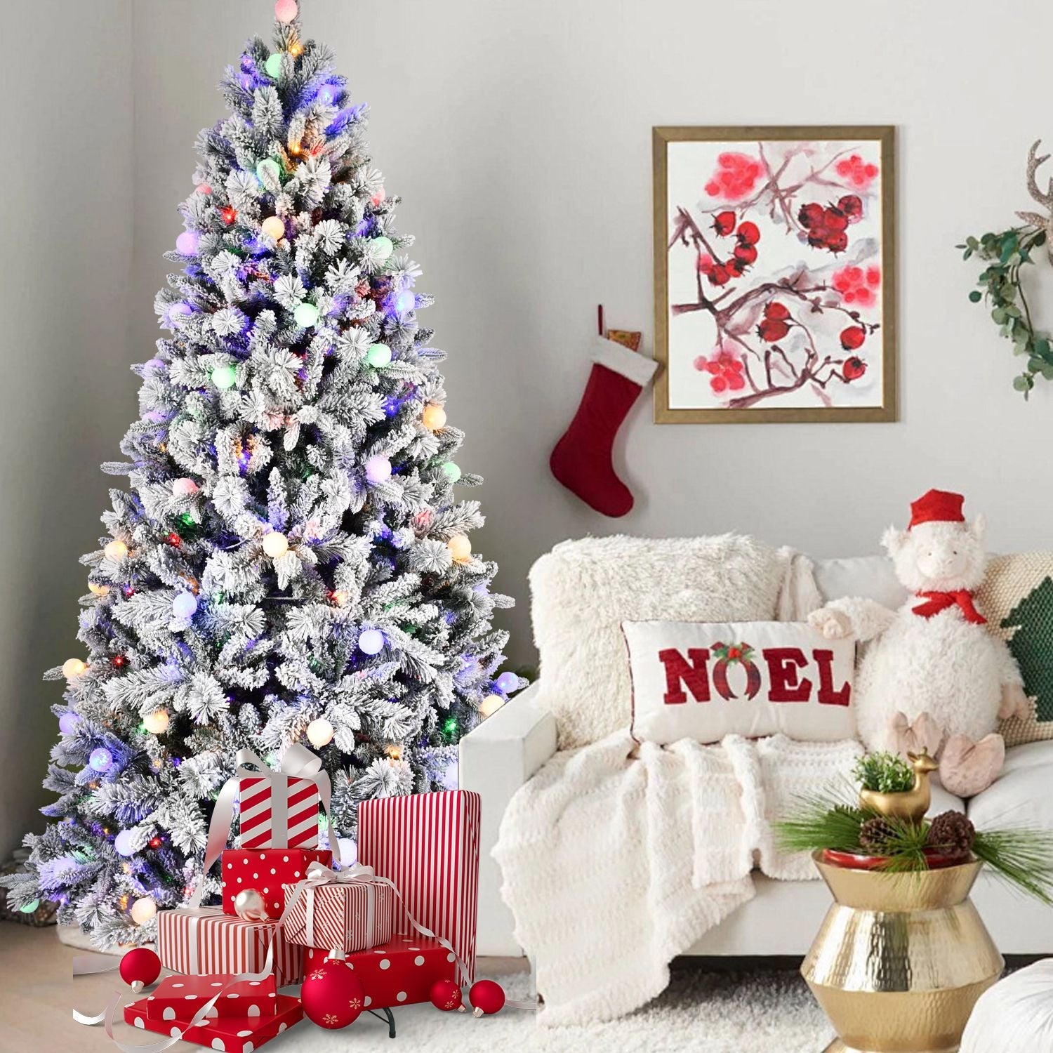 7.5FT Prelit Artificial Flocked Christmas Tree with 400 Multi-Color LED Lights, Full Hinged Pine Xmas Tree with 1523 PE & PVC Mixed Branch Tips, Metal Stand and Hinged Branches, 10 Colors