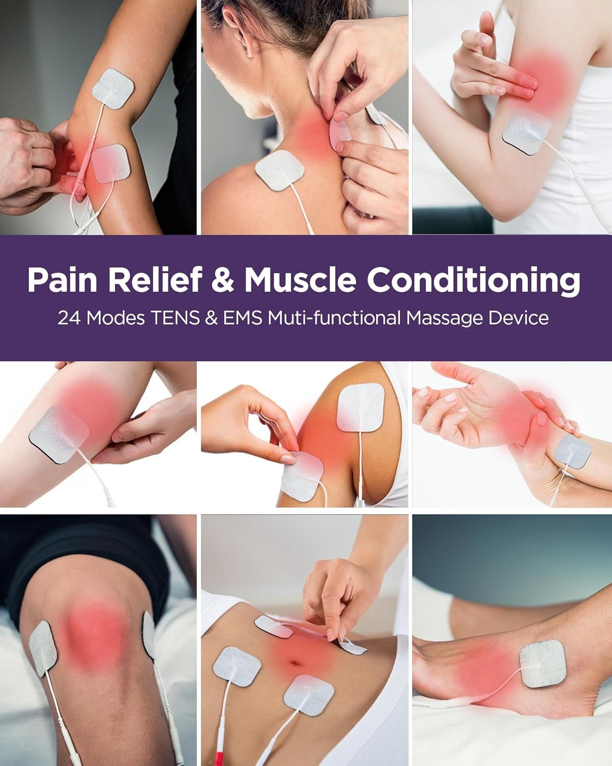 TENS Unit Muscle Stimulator, 24 Modes TENS EMS Machine for Pain Relief Therapy/Pain Management, Rechargeable Electronic Pulse Massager with 2