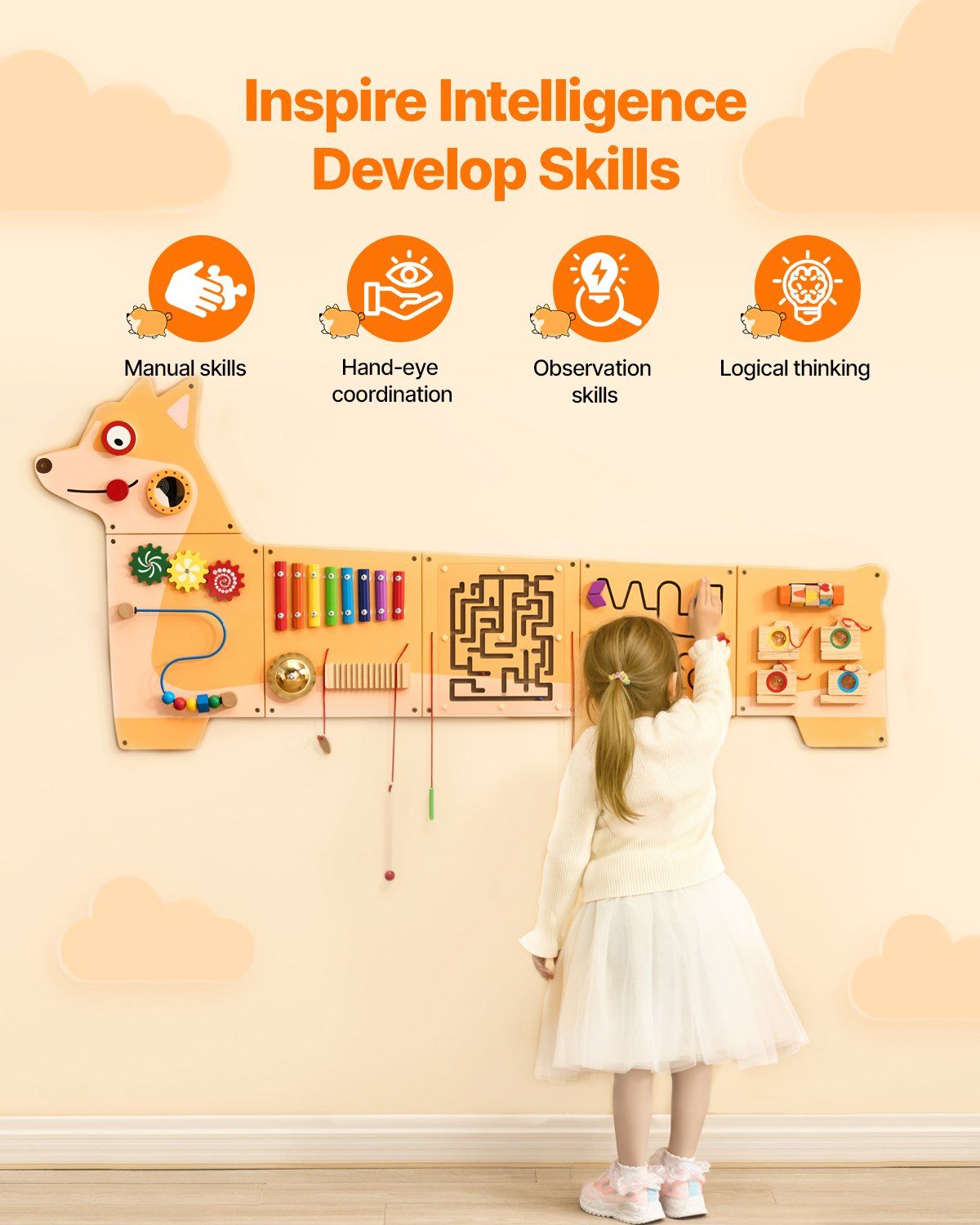 Puppy Activity Wall Busy Board Panels, 12 Activities, Montessori Sensory Wall Toy for Kids 3-12 Years, Montessori Learning Activity Center, Ideal for Toddler Playroom Nursery Classroom