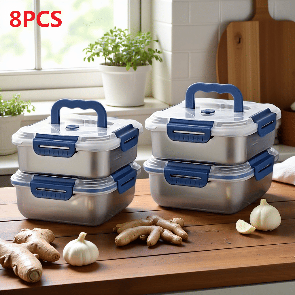 Yakimoto 2/4/6/8/10 PCS Extra-Large Stainless Steel Food Storage Containers With Blue Lids - Deep Design, Airtight Seal, Perfect For Refrigerator Organization, Meal Prep, Lunch Boxes & Kitchen Pantry