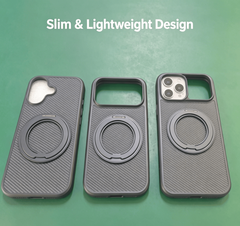 Magnetic Carbon Fiber Phone Case for iPhone 13 14 15 16 17 Series, Built-in Rotatable Kickstand Shockproof Protective Cover Compatible with MagSafe Wireless Charging