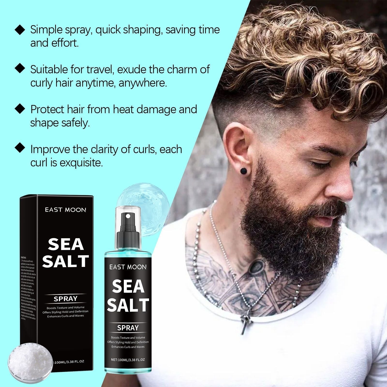 East Moon Sea Salt Curling Spray Long Lasting Styling Elastic Hair Conditioner Hair Spray for Lazy and Refreshing Hair Spray