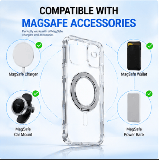Transparent Magnetic Phone Case Compatible with iPhone 13-17 AIR, 360° Rotating Ring Holder, Anti-Yellow & Shockproof Protective Case, Works with Magnetic Accessories