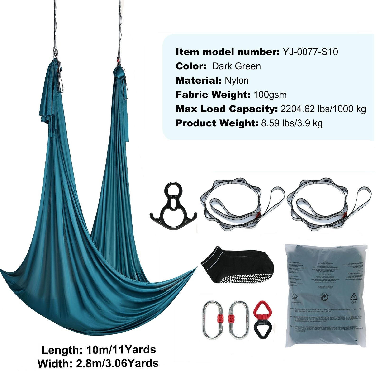 Aerial Silk & Yoga Swing, 11 Yards, Aerial Yoga Hammock Kit with 100gsm Nylon Fabric, Full Rigging Hardware & Easy Set-up Guide, Antigravity Flying for All Levels Fitness Bodybuilding, Green