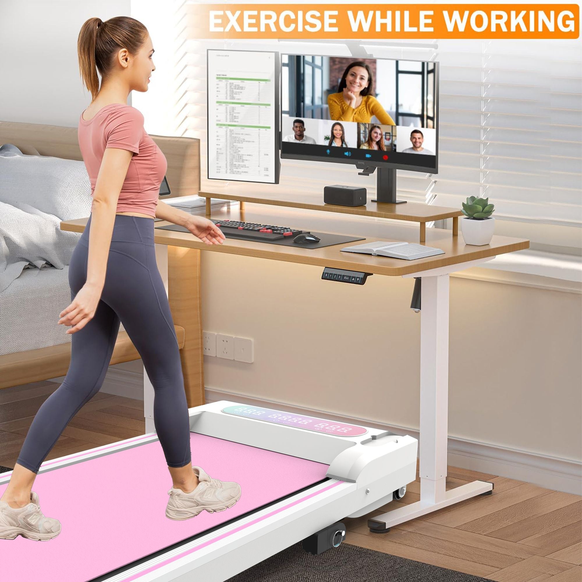 Under Desk Treadmill with Incline, Walking Pad, 2 in 1 Portable Treadmill with Handle Remote Control LED Display, Walking Jogging Machine for Home Office Use Pink
