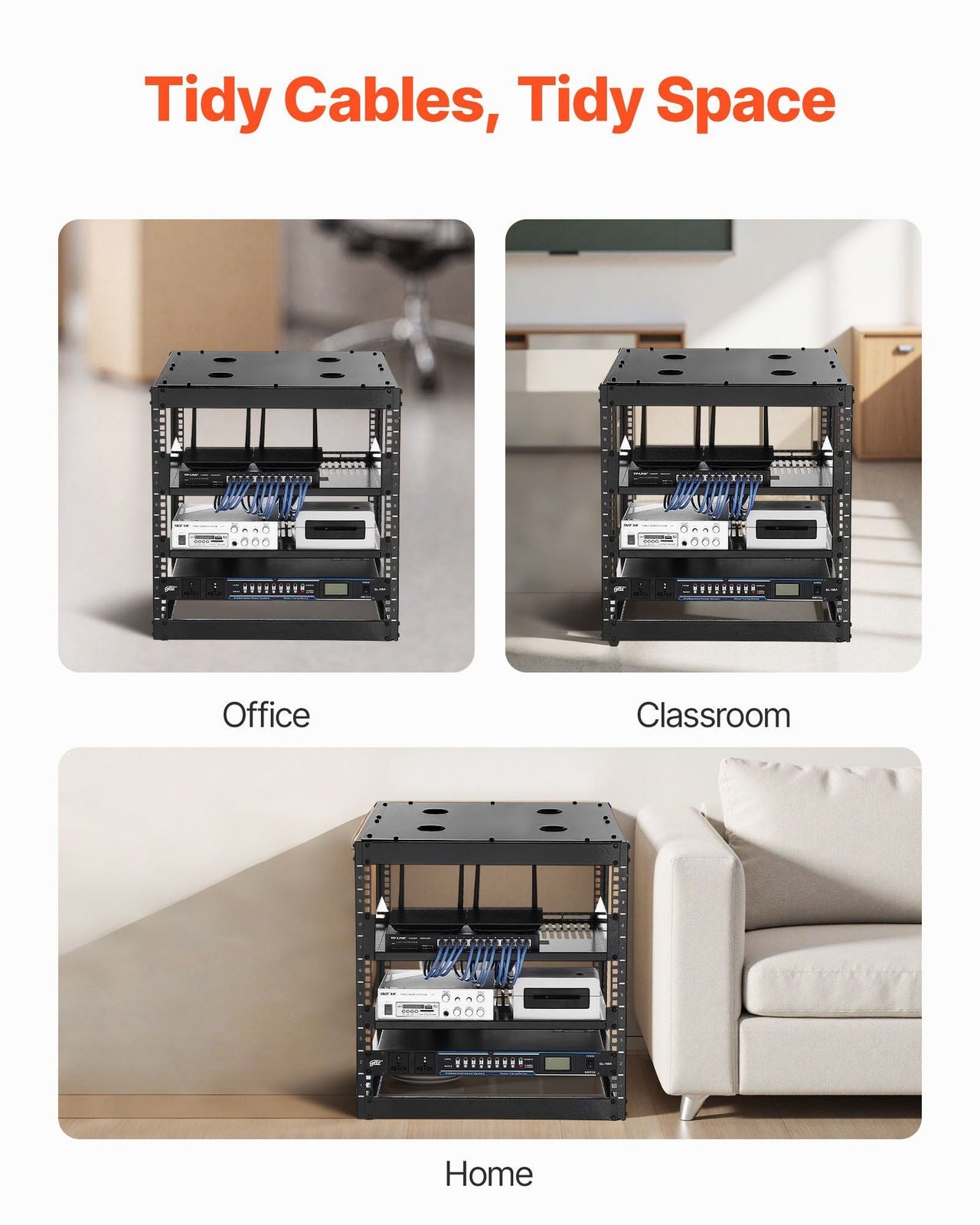 10U Open Frame Network Rack, 23 in Depth, Wall Mounted or Floor Standing Server Rack, Heavy Duty 4 Post, with Vented Shelves & Mounting Hardware, Holds All Your Networking IT Equipment AV Gear