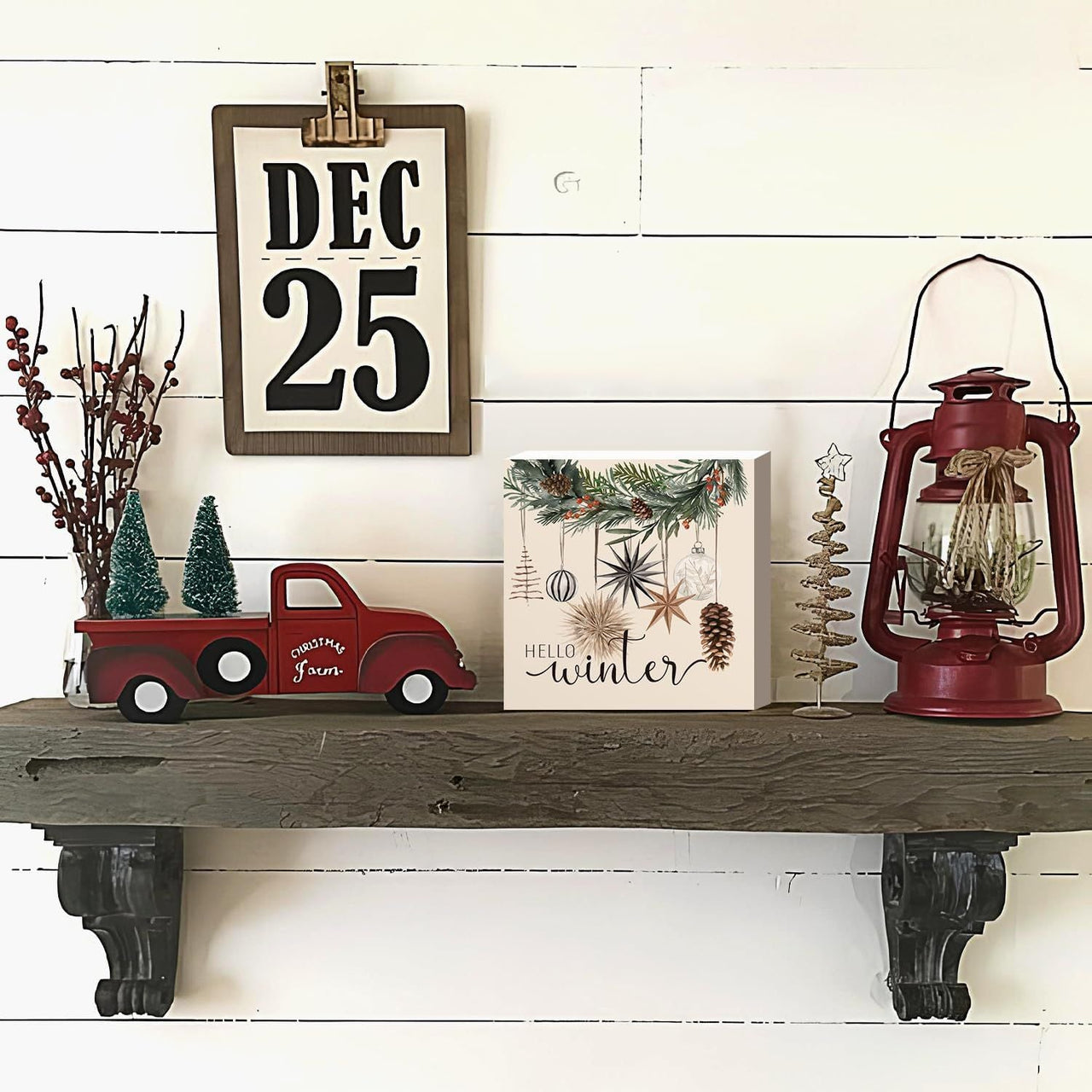 Christmas Decor Red Truck Christmas Wooden Box Signs Buffalo Plaid Christmas Decorations Christmas Decor for Home Office Bedroom Fireplace Car Tiered Tray Decor Christmas Gifts for Women 5x5