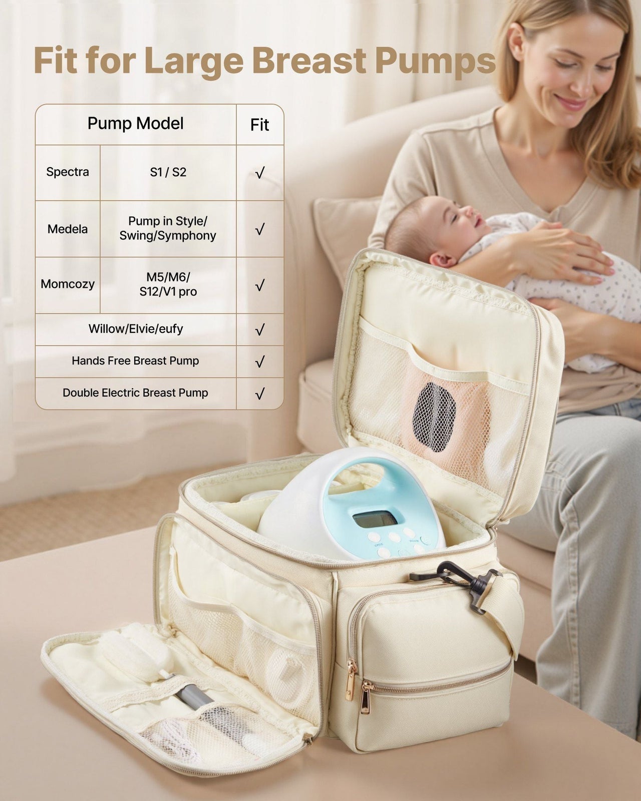 VEVOR Breast Pump Bag, Breast Feeding Bag with Waterproof Mat, Fits for S1/S2, Pumping Accessories & Breastmilk Storage, Portable Pump Carrying Case for Work, Travel and Family Use, Beige