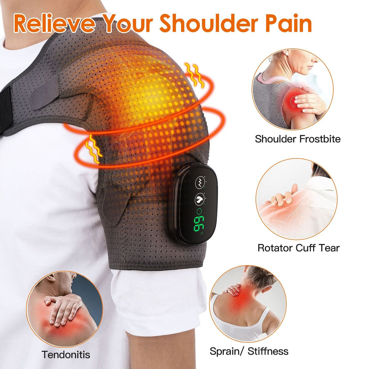 Cordless Shoulder Heating Pad Rechargeable Heated Shoulder Wrap Massager Shoulder Brace Supports with 3 Heating Levels 3 Vibration Modes for Left Right Shoulder