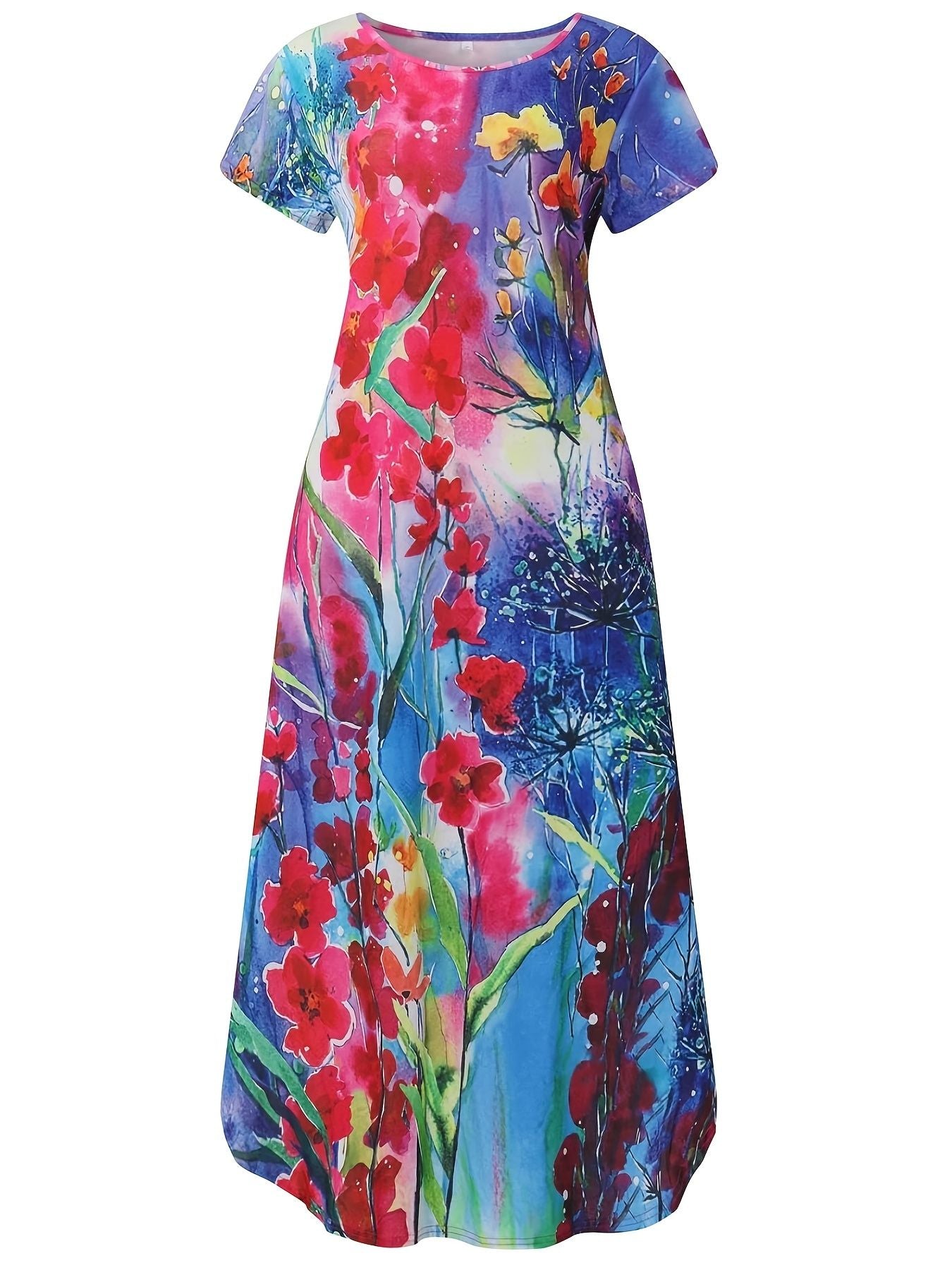 Floral Print Pocket Dress; Casual Short Sleeve Crew Neck Dress; Women's Clothing