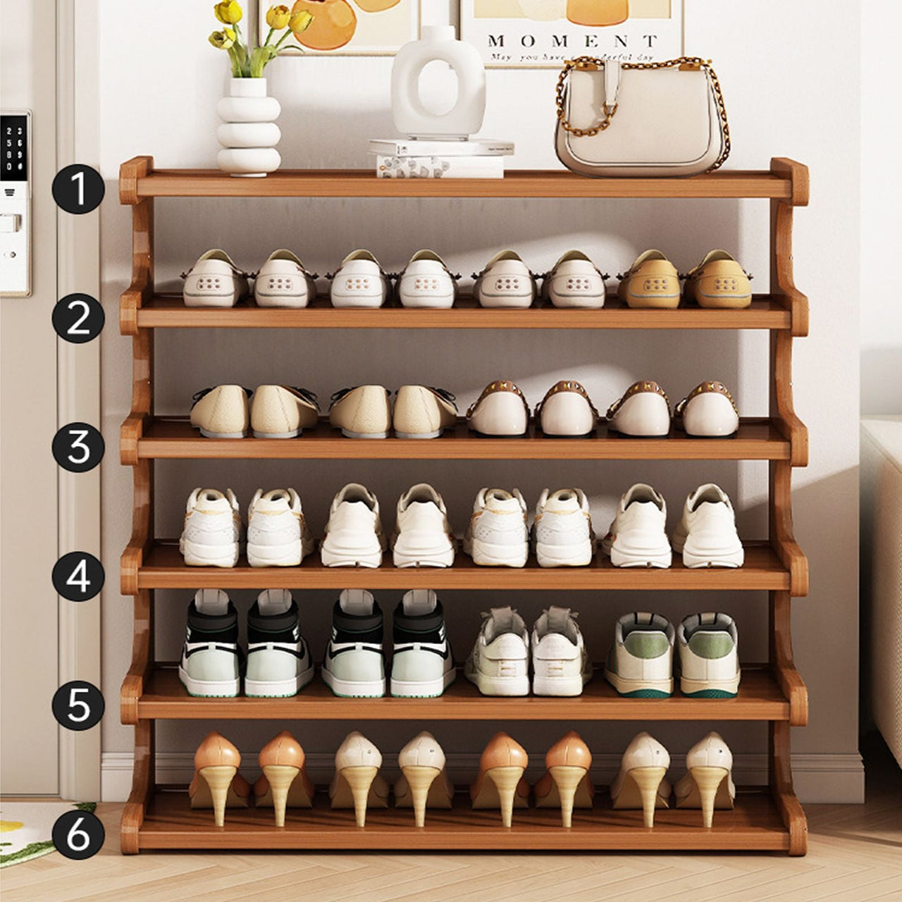5/6-layer practical storage rack, shoe rack, space-saving design, multi-layer independent storage rack, wood grain finish, easy to assemble, self-supporting cubic shoe storage rack, storage rack, suit
