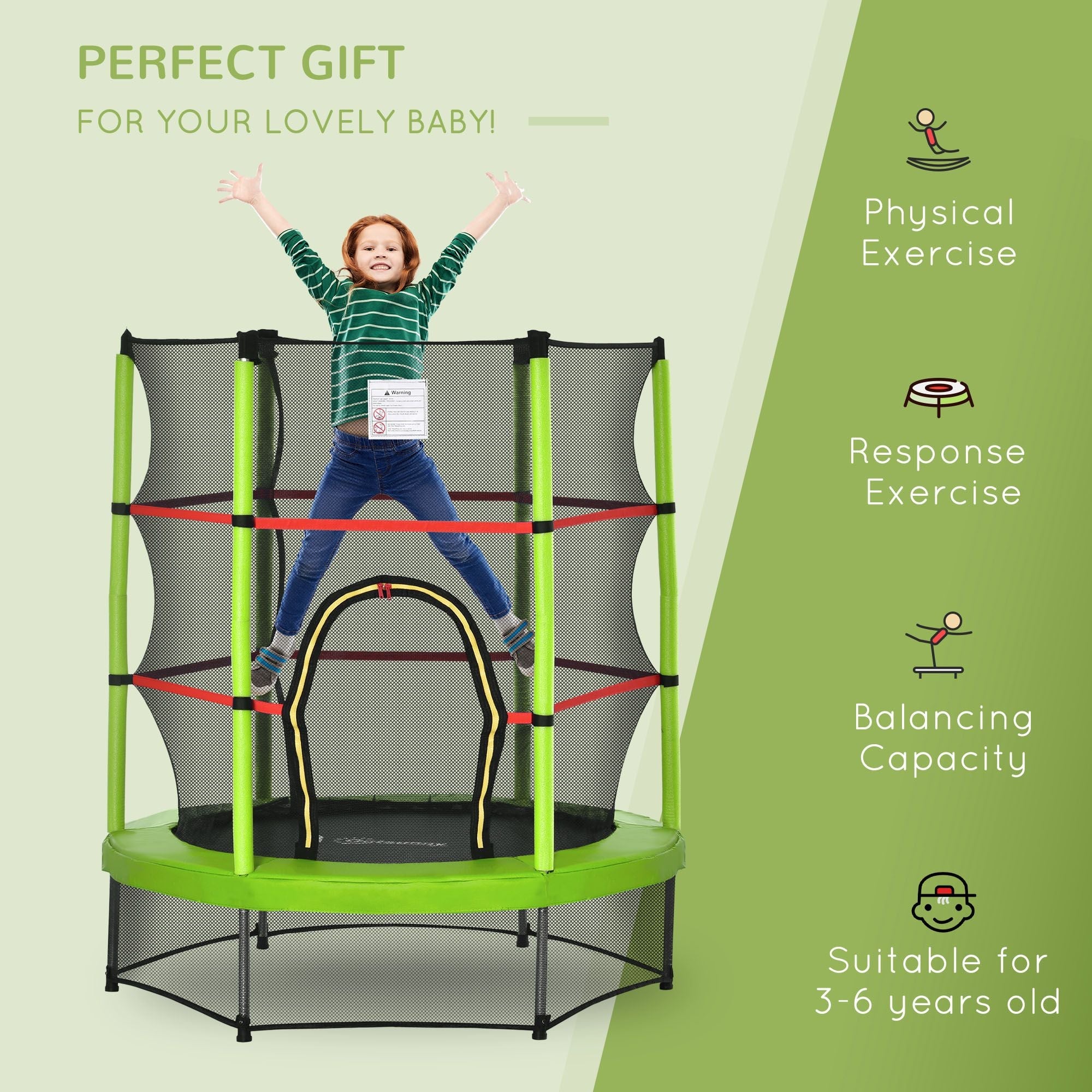 4.5FT Green Kids Trampoline with Safety Enclosure Net, Springless Design, for Ages 3 to 6
