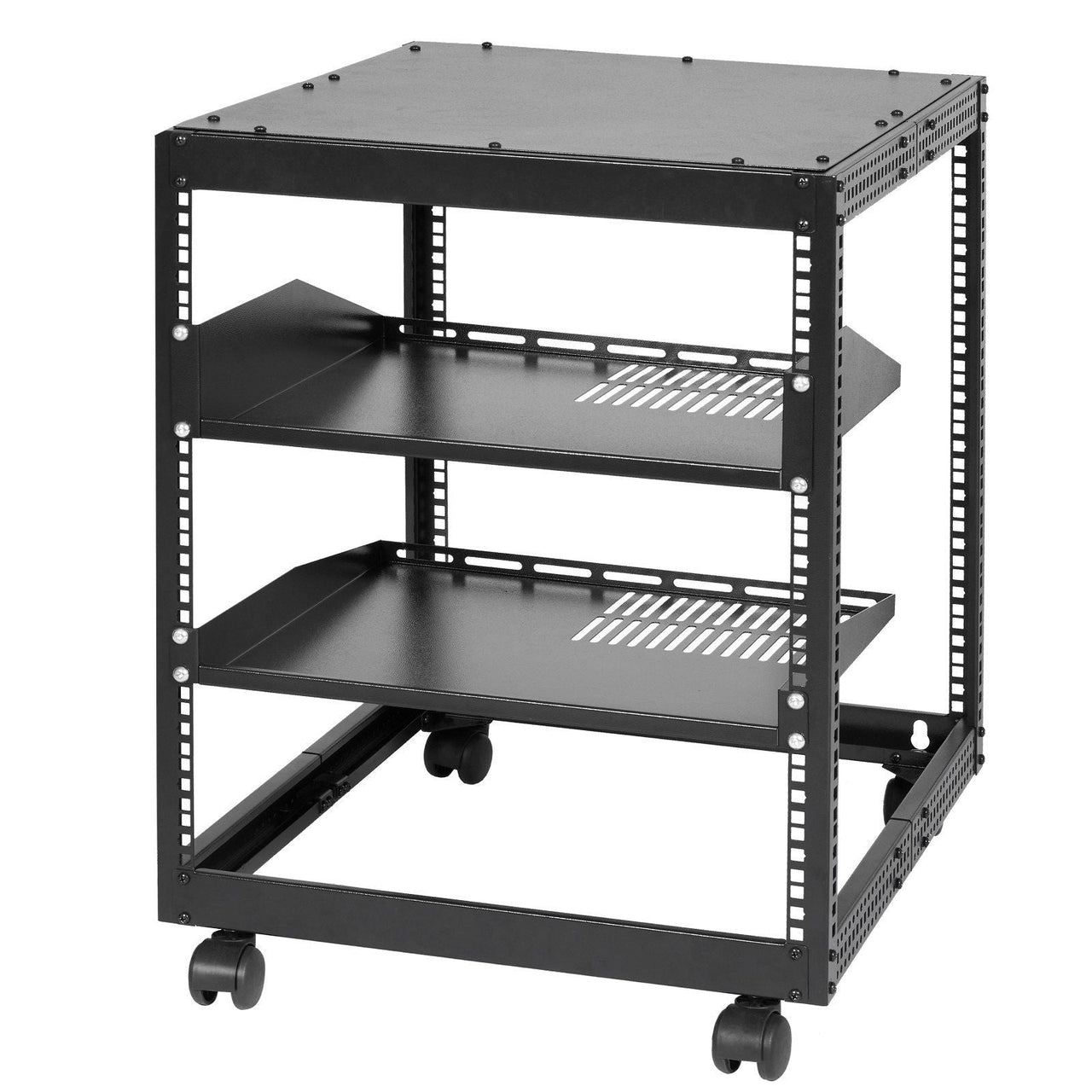 12U Open Frame Server Rack, 23-40 in Adjustable Depth, Free Standing or Wall Mount Network Server Rack, 4 Post AV Rack with Casters, Holds All Your Networking IT Equipment AV Gear Router Modem