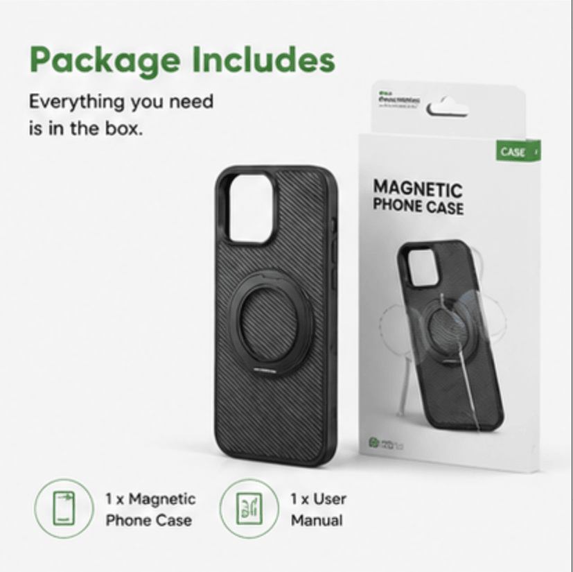 Magnetic Carbon Fiber Phone Case for iPhone 13 14 15 16 17 Series, Built-in Rotatable Kickstand Shockproof Protective Cover Compatible with MagSafe Wireless Charging