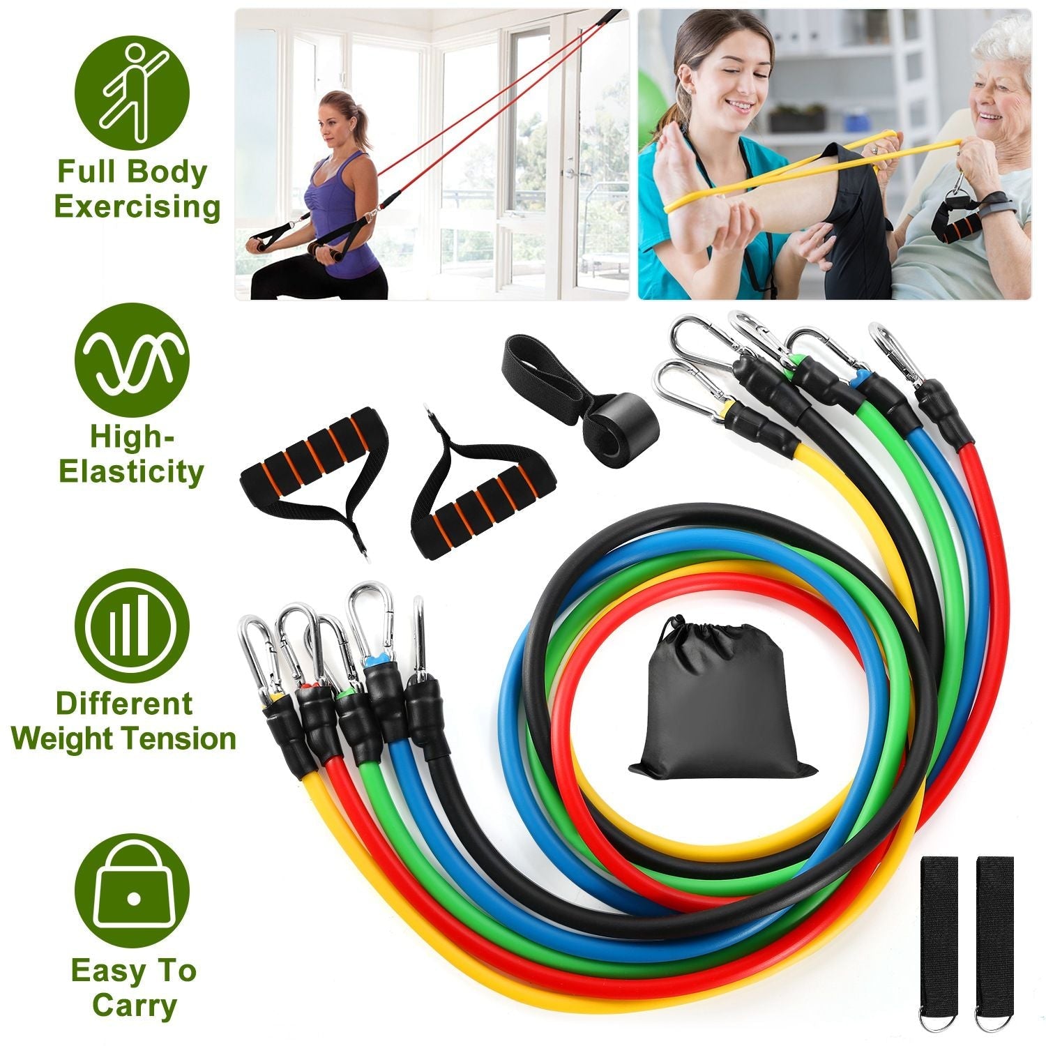 11Pcs Resistance Bands Set Fitness Workout Tubes Exercise Tube Bands Up to 100lbs w/ Door Anchor Handles Ankle Straps for Physical Training Yoga Pilates