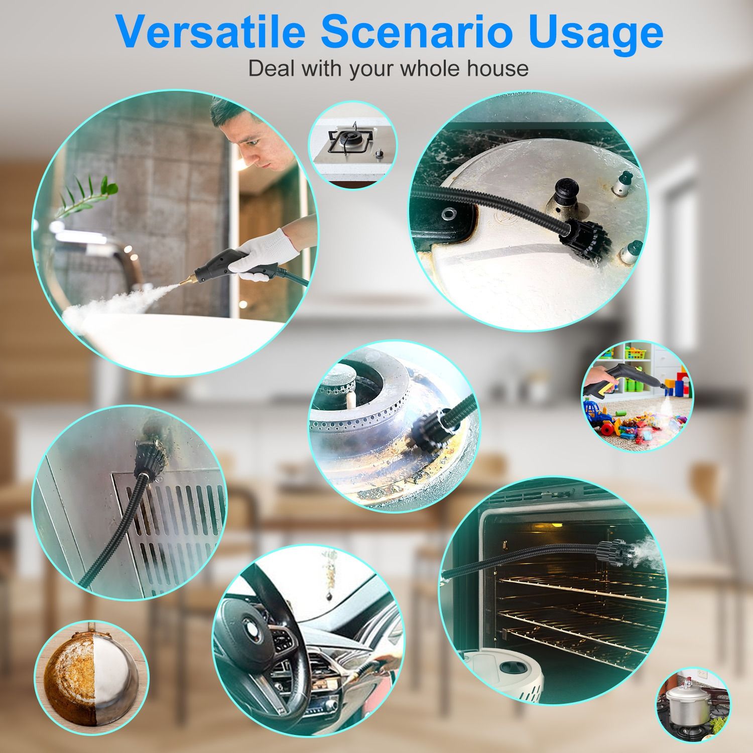 2500W Handheld High Temperature and Pressure Steamer Cleaner with 1400ML Tank 9 Accessories 6 Steam Levels for Dirt Grease Grout Tile Floor Couch Car