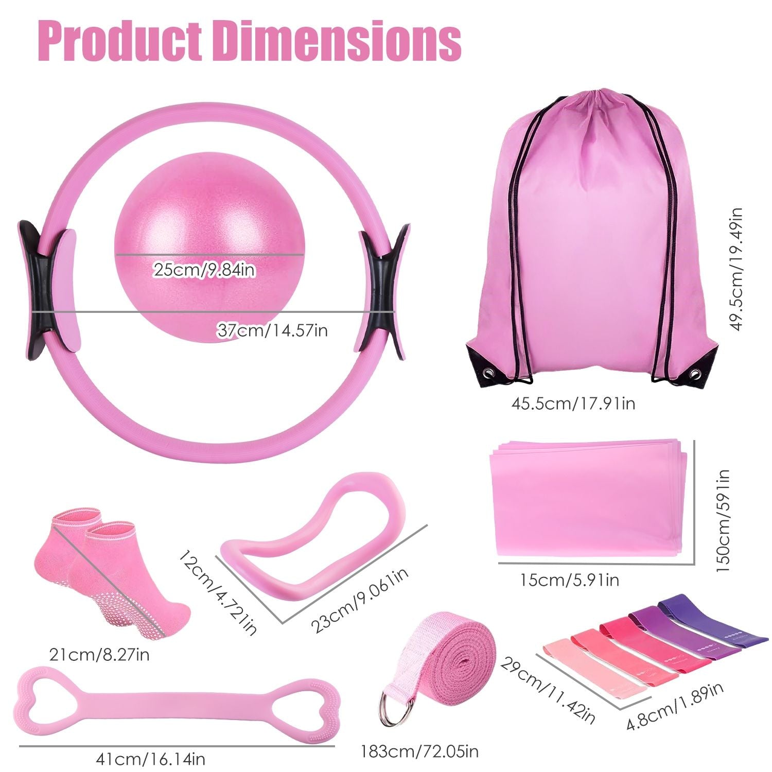 14Pcs Pilates Ring Essentials Kit For Women with Yoga Ball Arm Stretcher 5 Resistant Bands Figure 8 Resistant Band Elastic Band Non-slip Socks Yoga Strap
