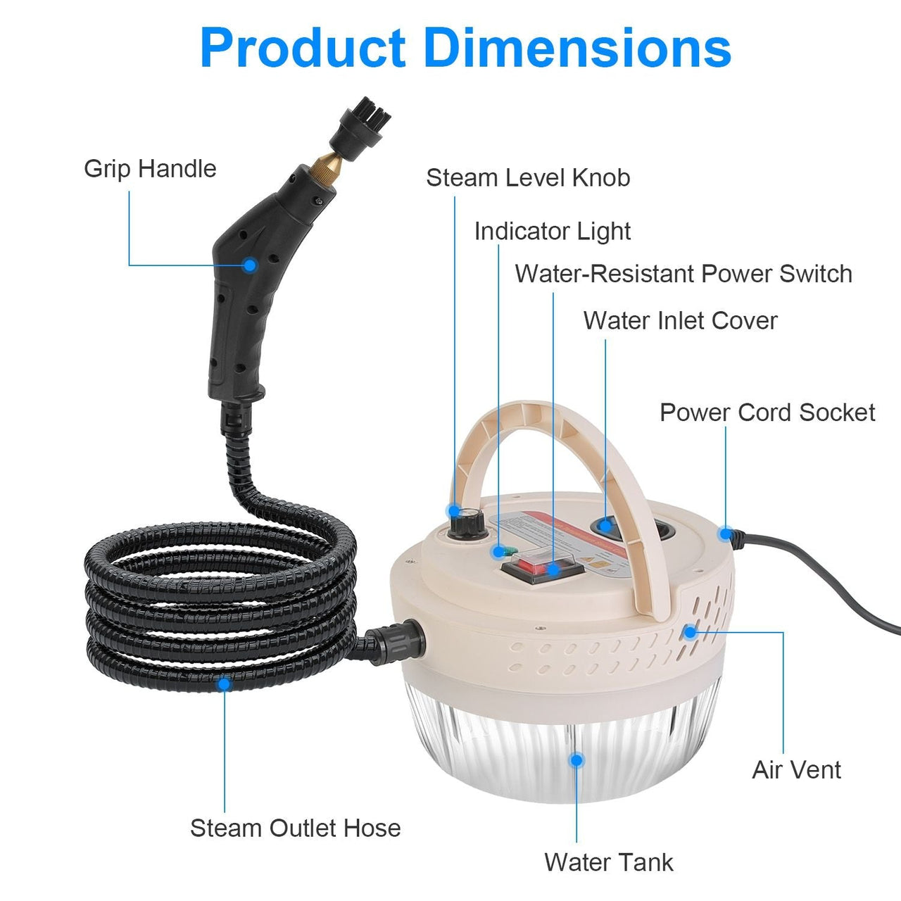2500W Handheld High Temperature and Pressure Steamer Cleaner with 1400ML Tank 9 Accessories 6 Steam Levels for Dirt Grease Grout Tile Floor Couch Car