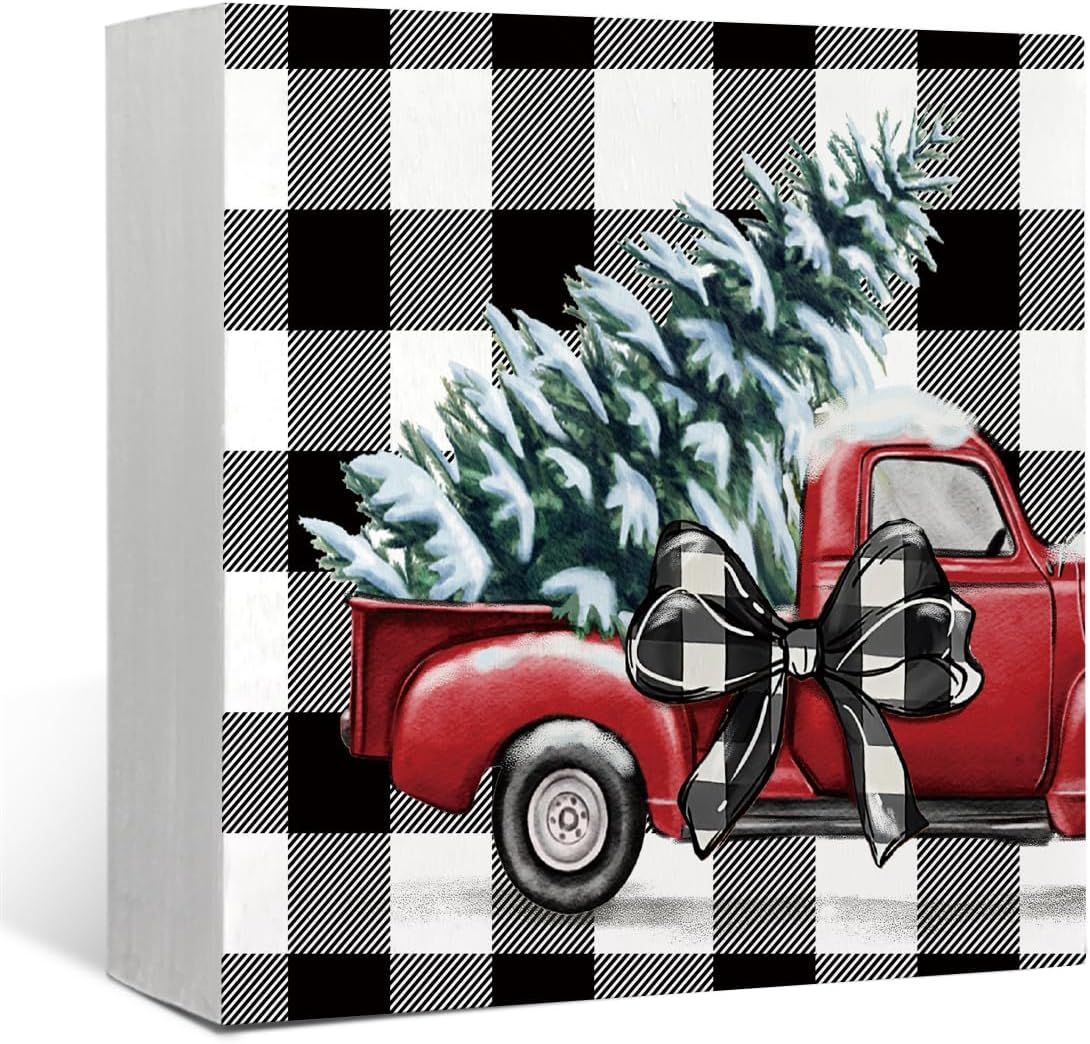 Christmas Decor Red Truck Christmas Wooden Box Signs Buffalo Plaid Christmas Decorations Christmas Decor for Home Office Bedroom Fireplace Car Tiered Tray Decor Christmas Gifts for Women 5x5