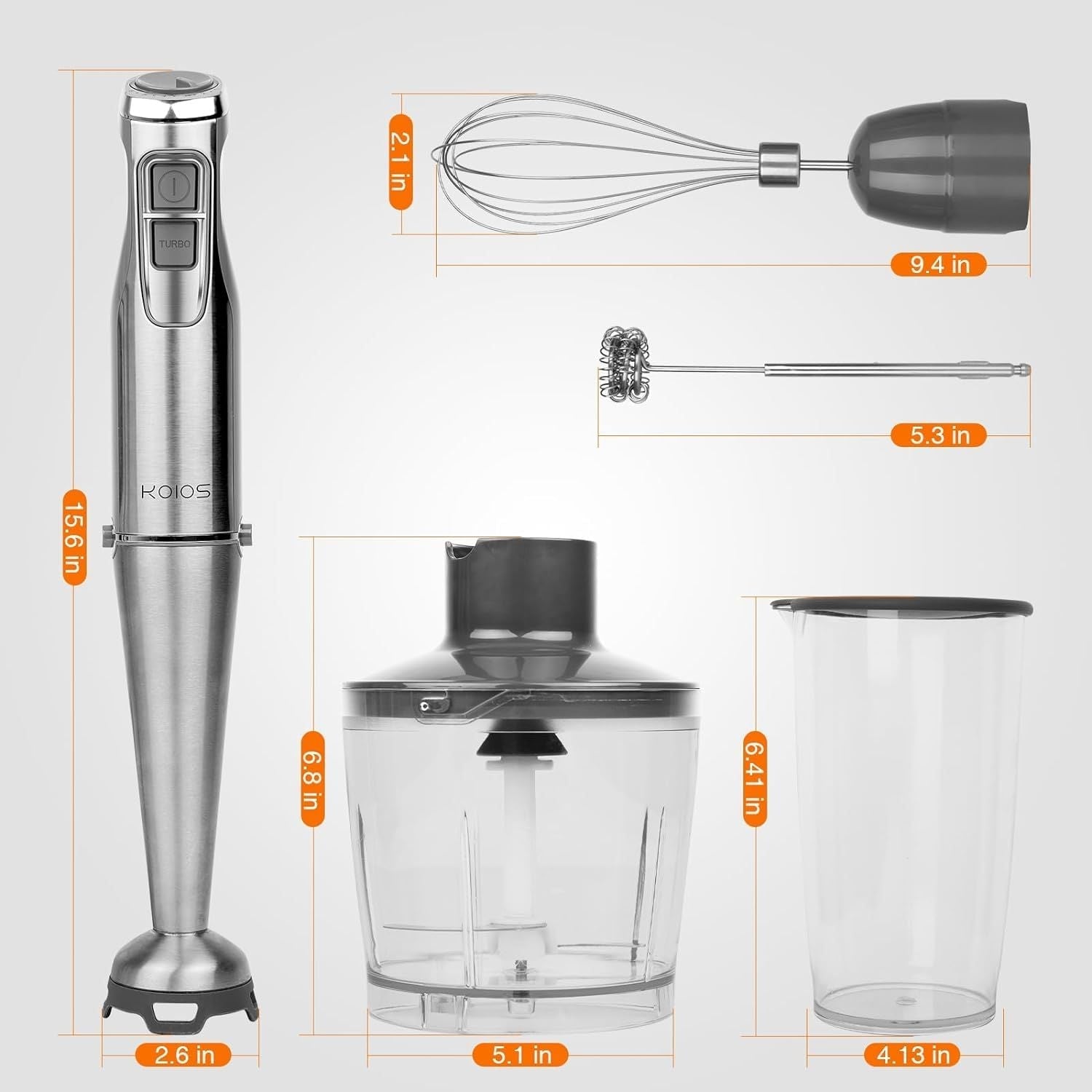 KOIOS 1100W Immersion Hand Blender, Stainless Steel Stick Blender with 12-Speed & Turbo Mode, 5-in-1 Handheld Blender with 600ml Mixing Beaker with Lid, 500ml Chopper, Whisk, Milk Frother, B PA-F ree