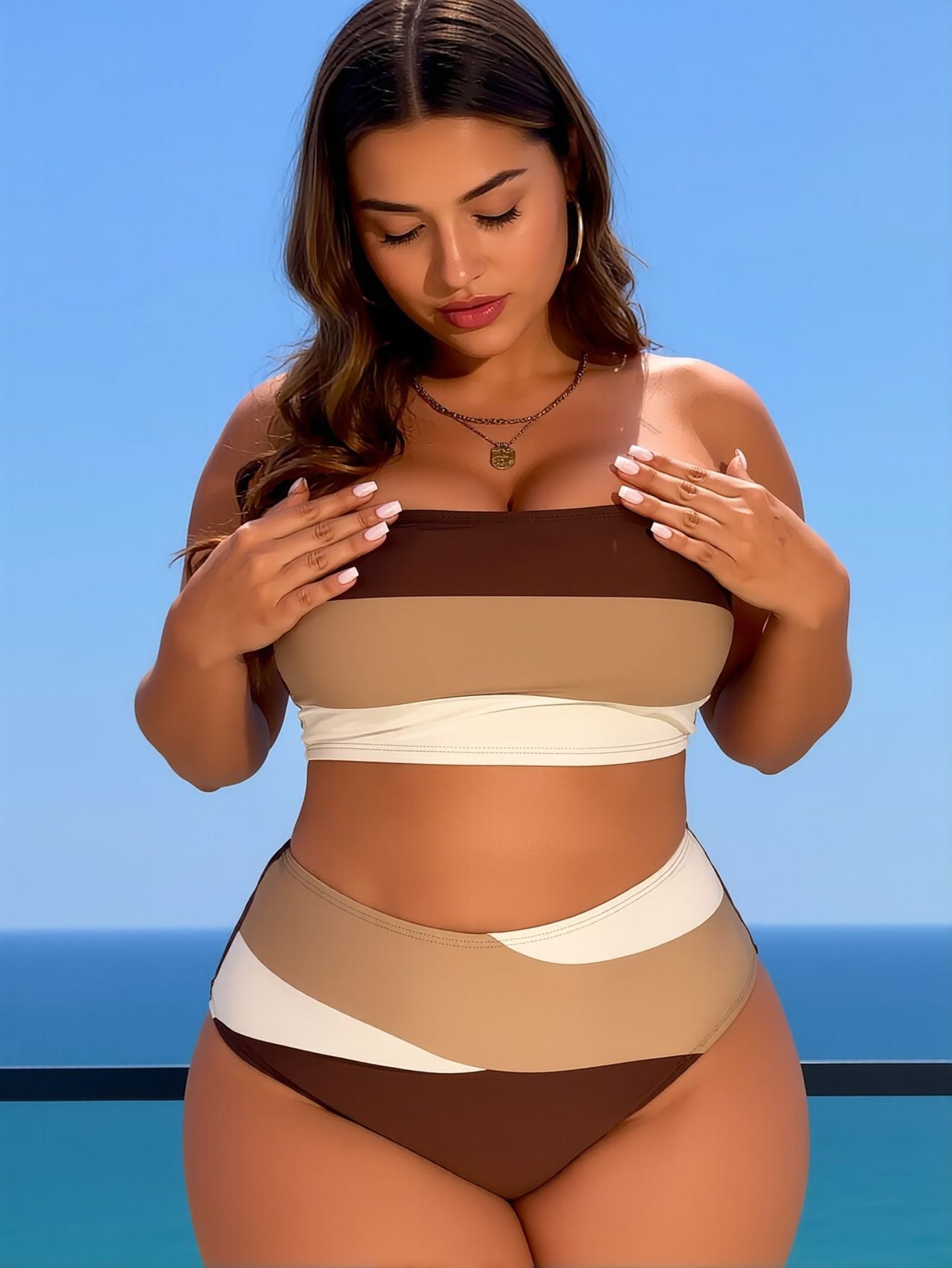 2026 New Plus Size Brown Colorblock Strapless Bikini Set Women's Convertible Halter High-Waisted Tummy Control Swimsuit for Beach Vacation, Retro Style