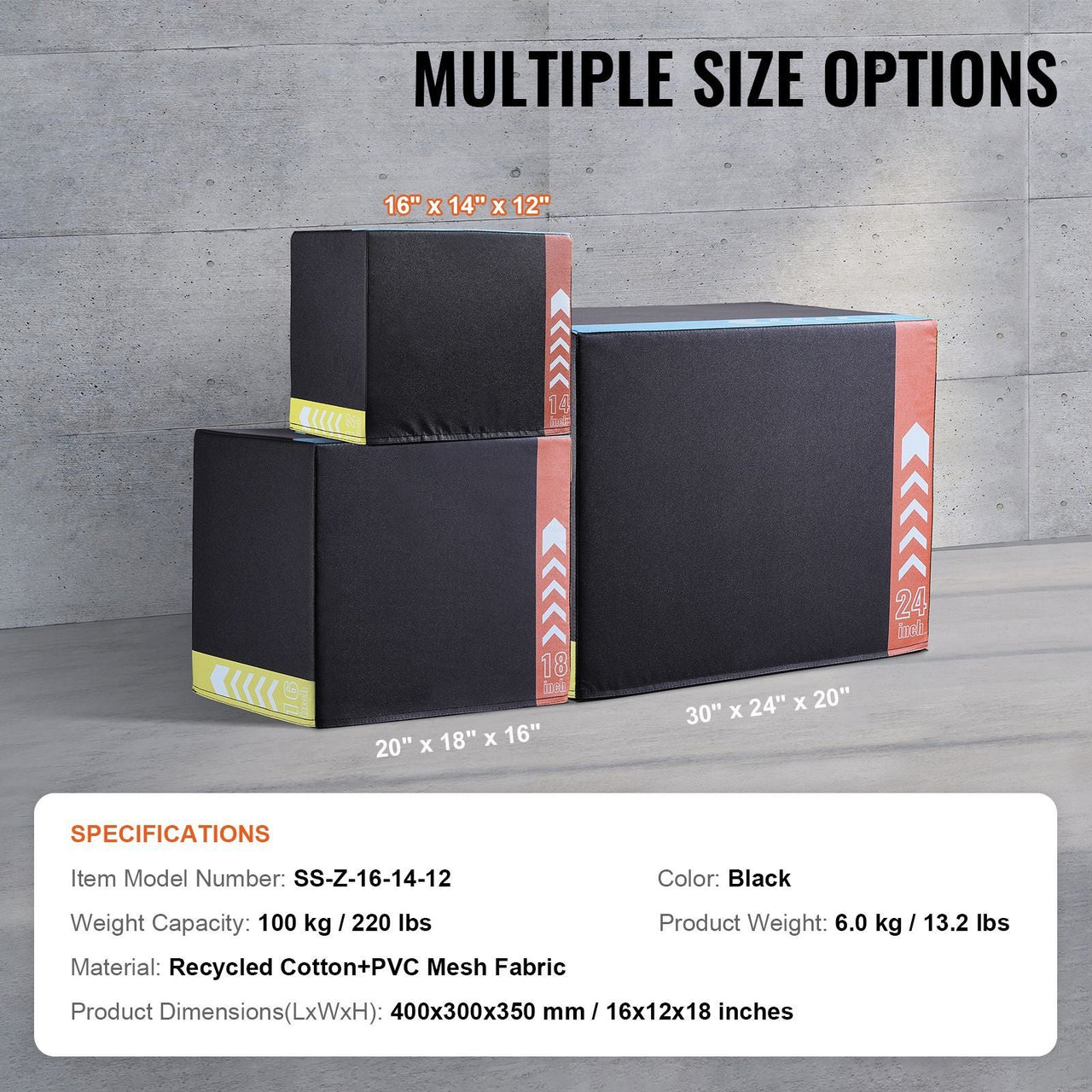 3 in 1 Plyometric Jump Box, 16/14/12 Inch Cotton Plyo Box, Platform & Jumping Agility Box, Anti-Slip Fitness Exercise Step Up Box for Home Gym Training, Conditioning Strength Training, Black