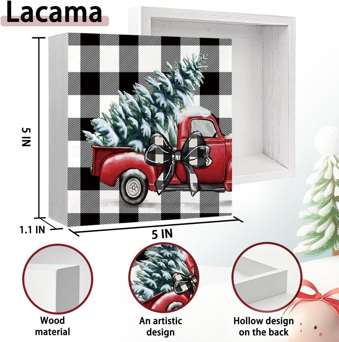 Christmas Decor Red Truck Christmas Wooden Box Signs Buffalo Plaid Christmas Decorations Christmas Decor for Home Office Bedroom Fireplace Car Tiered Tray Decor Christmas Gifts for Women 5x5