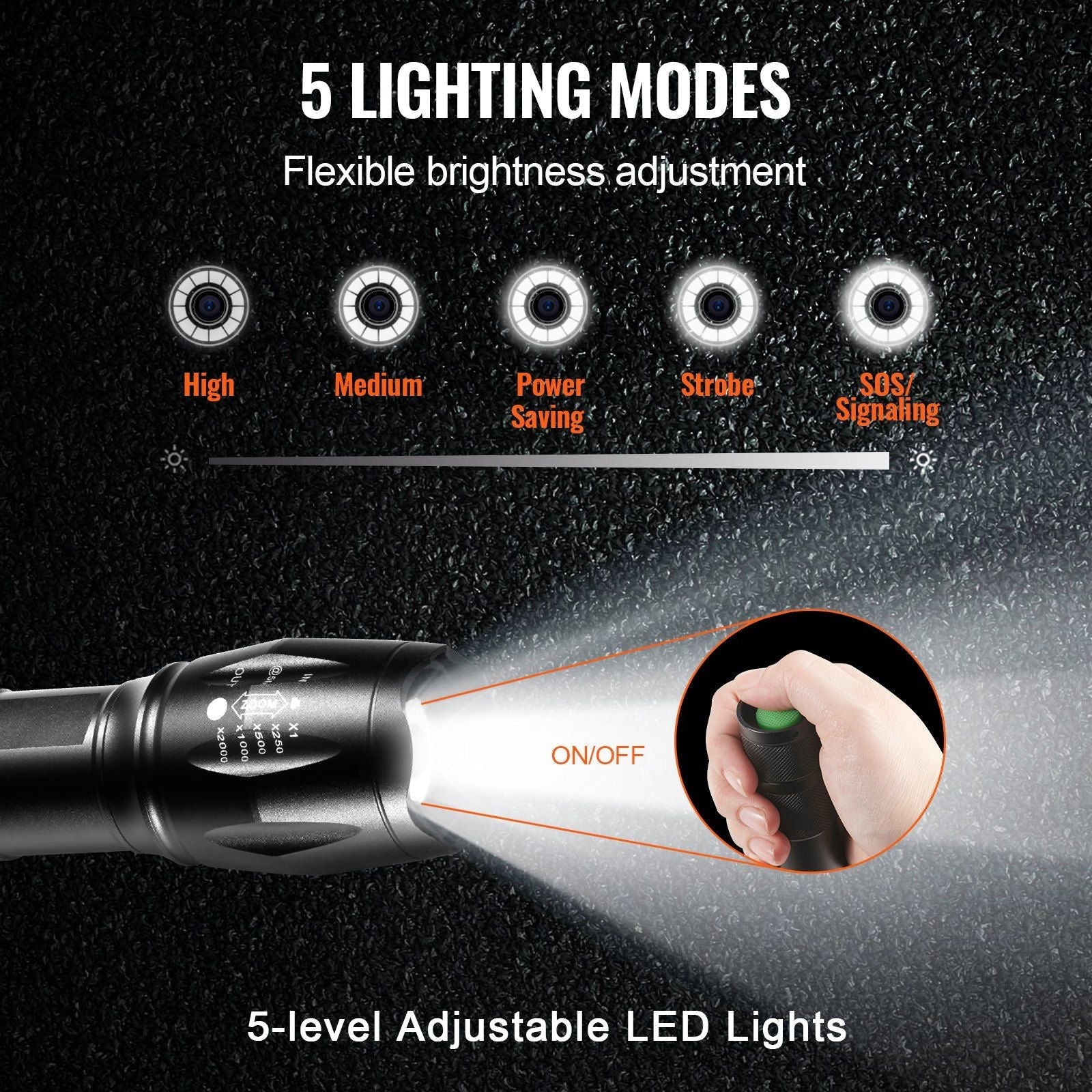 VEVOR 2 Pack Flashlights Torch, 2000 High Lumens 5 Modes Adjustable Focus Flashlight, IP44 LED Waterproof Handheld Flashlight for Camping Cycling Hiking Fishing Emergency