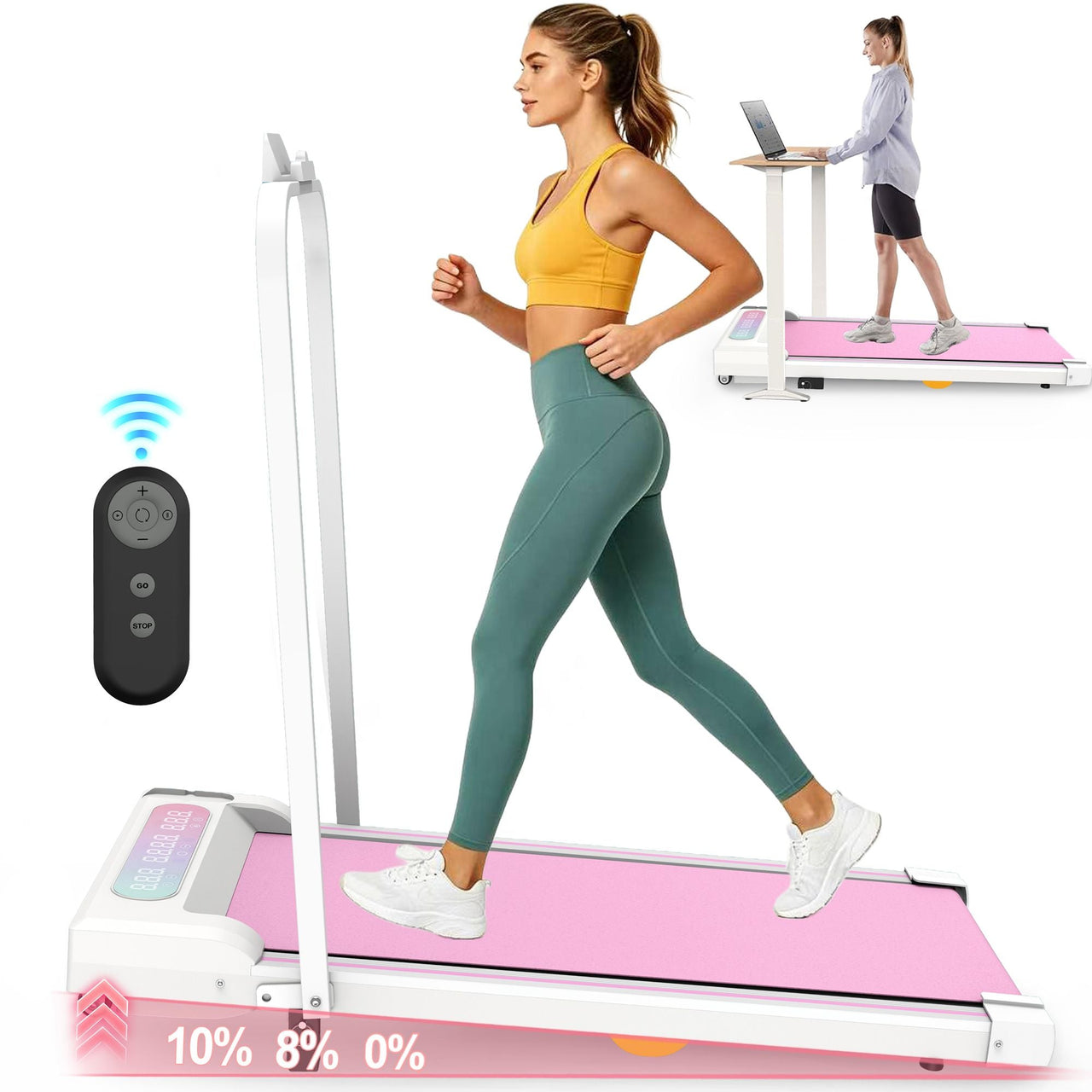 Under Desk Treadmill with Incline, Walking Pad, 2 in 1 Portable Treadmill with Handle Remote Control LED Display, Walking Jogging Machine for Home Office Use Pink