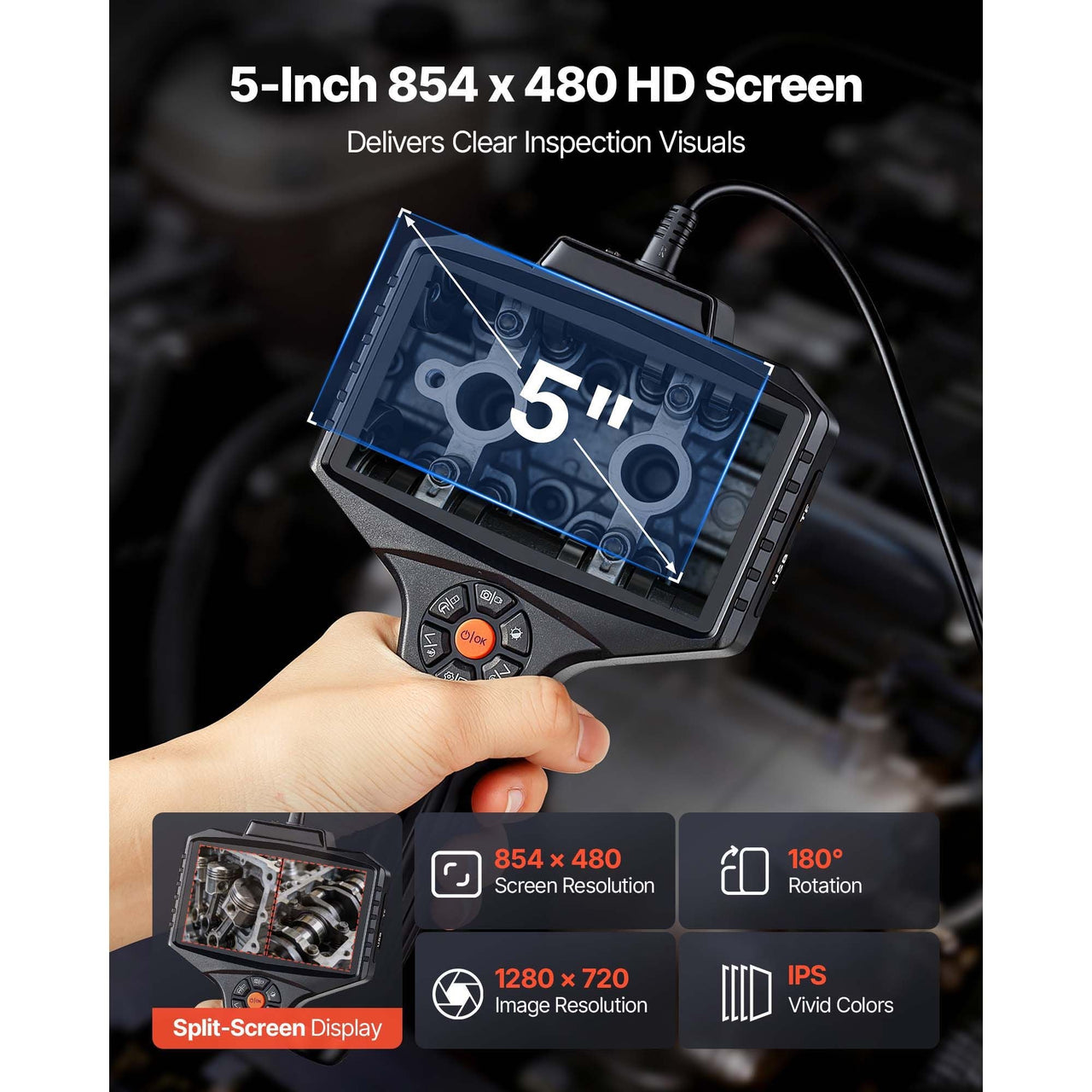 Endoscope with Light, 360° View Coverage Industrial Borescope Inspection Camera with Rotating Probe, 1080P HD Rigid Snake Scope Cam for Wall Automotive Engine Inspect-16.4FT